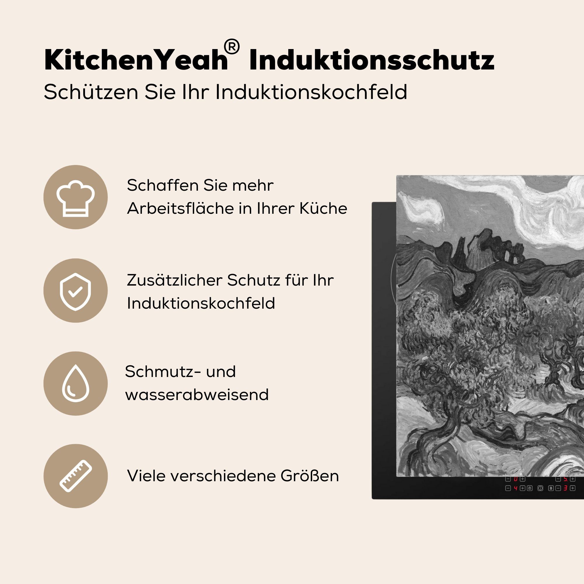 tlg), Gogh Induktionsmatte Vincent MuchoWow Vinyl, Weiß, 59x52 - Schwarz van (1 für die - Ceranfeldabdeckung küche, cm, Herdblende-/Abdeckplatte Olivenbäume -