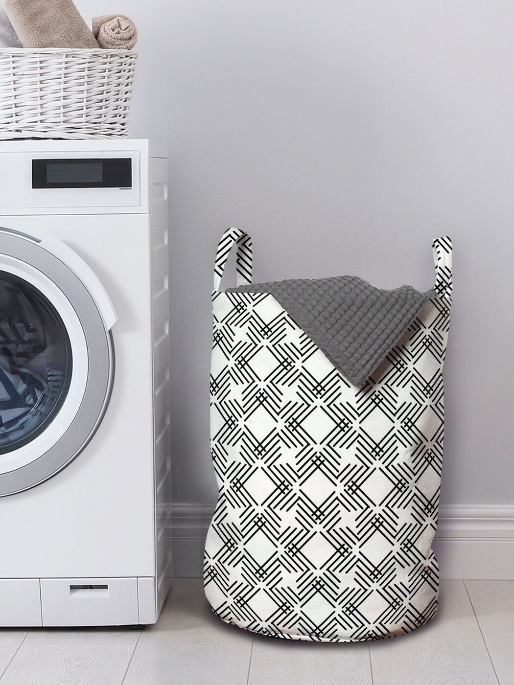 Wäschesäckchen für und Wäschekorb mit Abakuhaus monochrome-Linie weiß Schwarz Waschsalons, Kordelzugverschluss Griffen