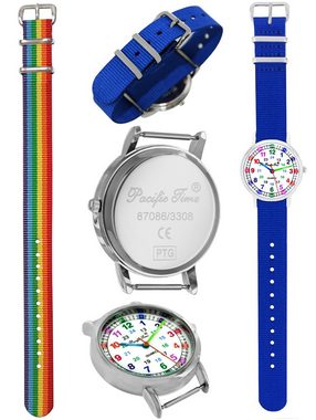 Pacific Time Quarzuhr Kinderuhr Lernuhr Textil 2 Durchzugsband royal blau 12929, + hübsches buntes Regenbogen Armband - Gratis Versand