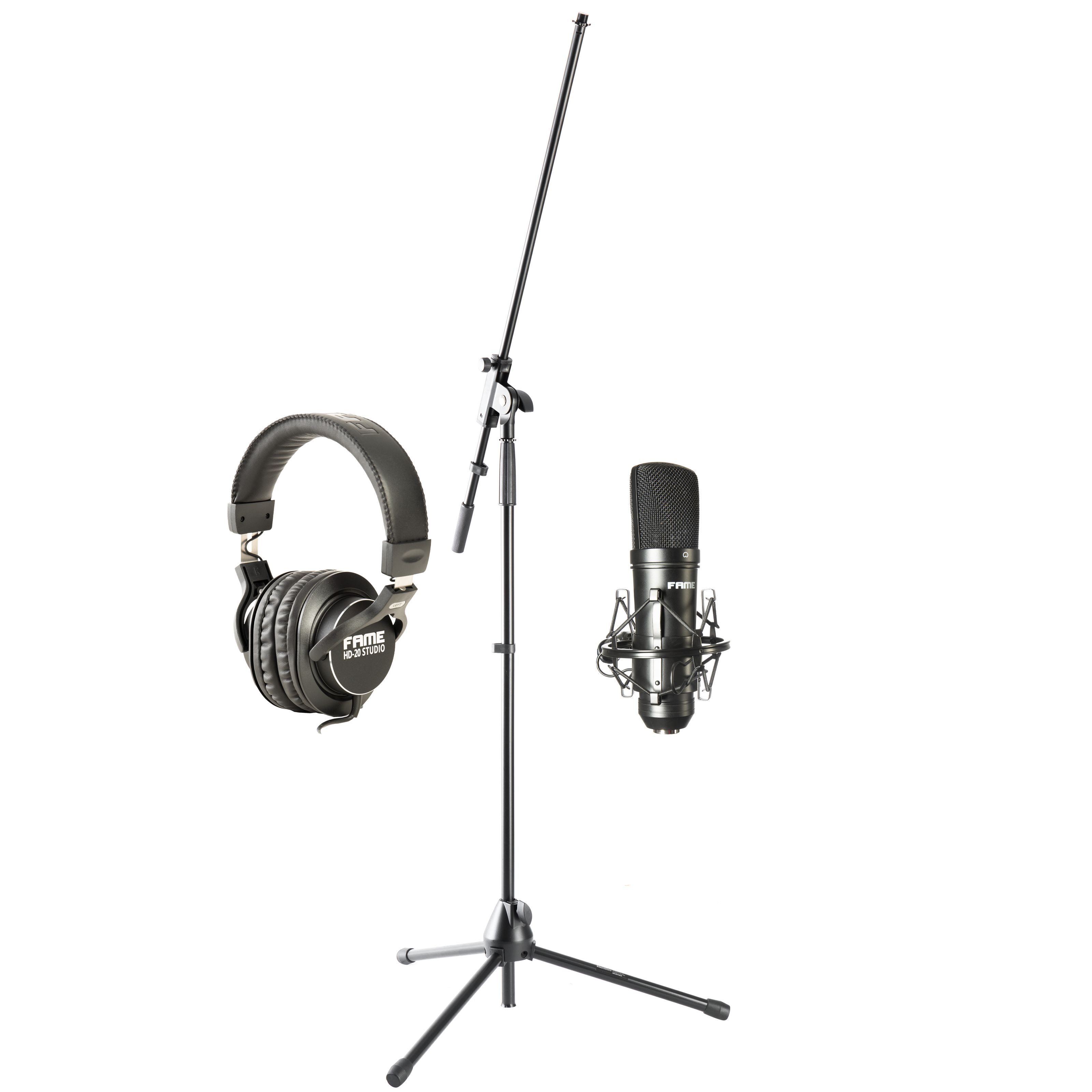FAME Mikrofon (Audio Großmembran Kondensatormikrofon-Set mit Kopfhörer und Mikrofonständer Schwarz Dynamisch Frequenzbereich 10-26000Hz Inkl. Zubehör), Großmembran Kondensatormikrofon, Mikrofon-Set, Kopfhörer
