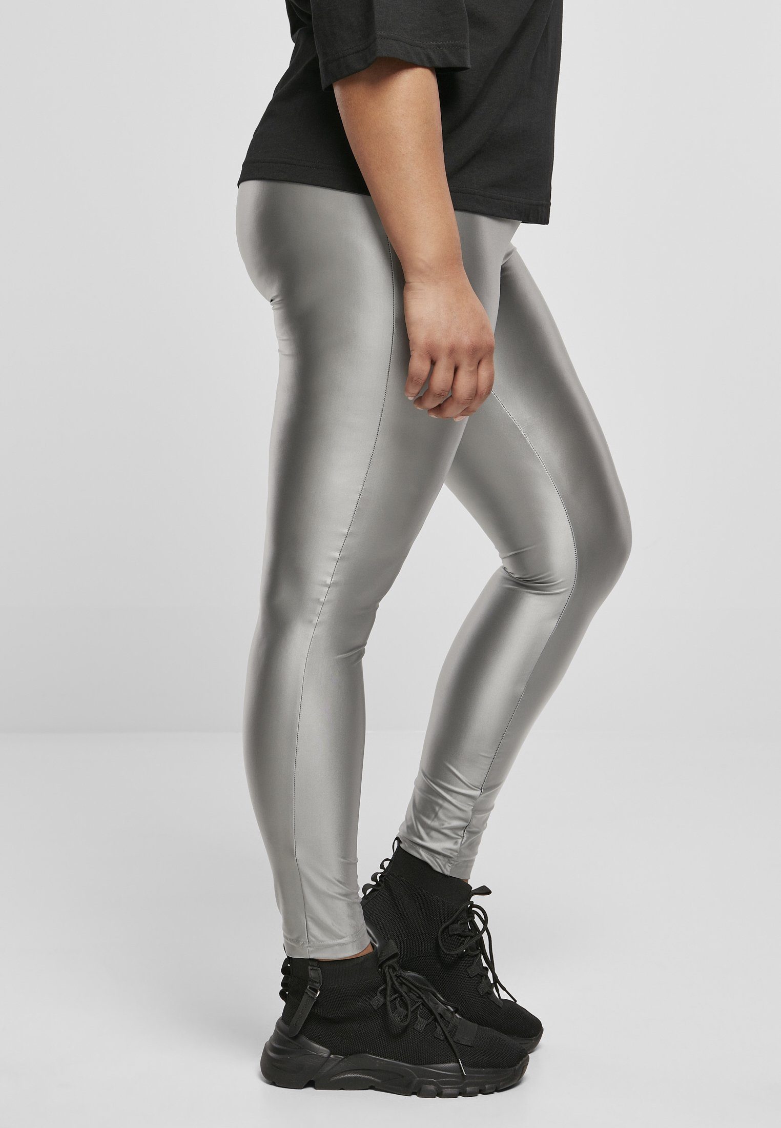 URBAN CLASSICS Leggings Damen darksilver (1-tlg) Metallic Leggings Highwaist Ladies Shiny