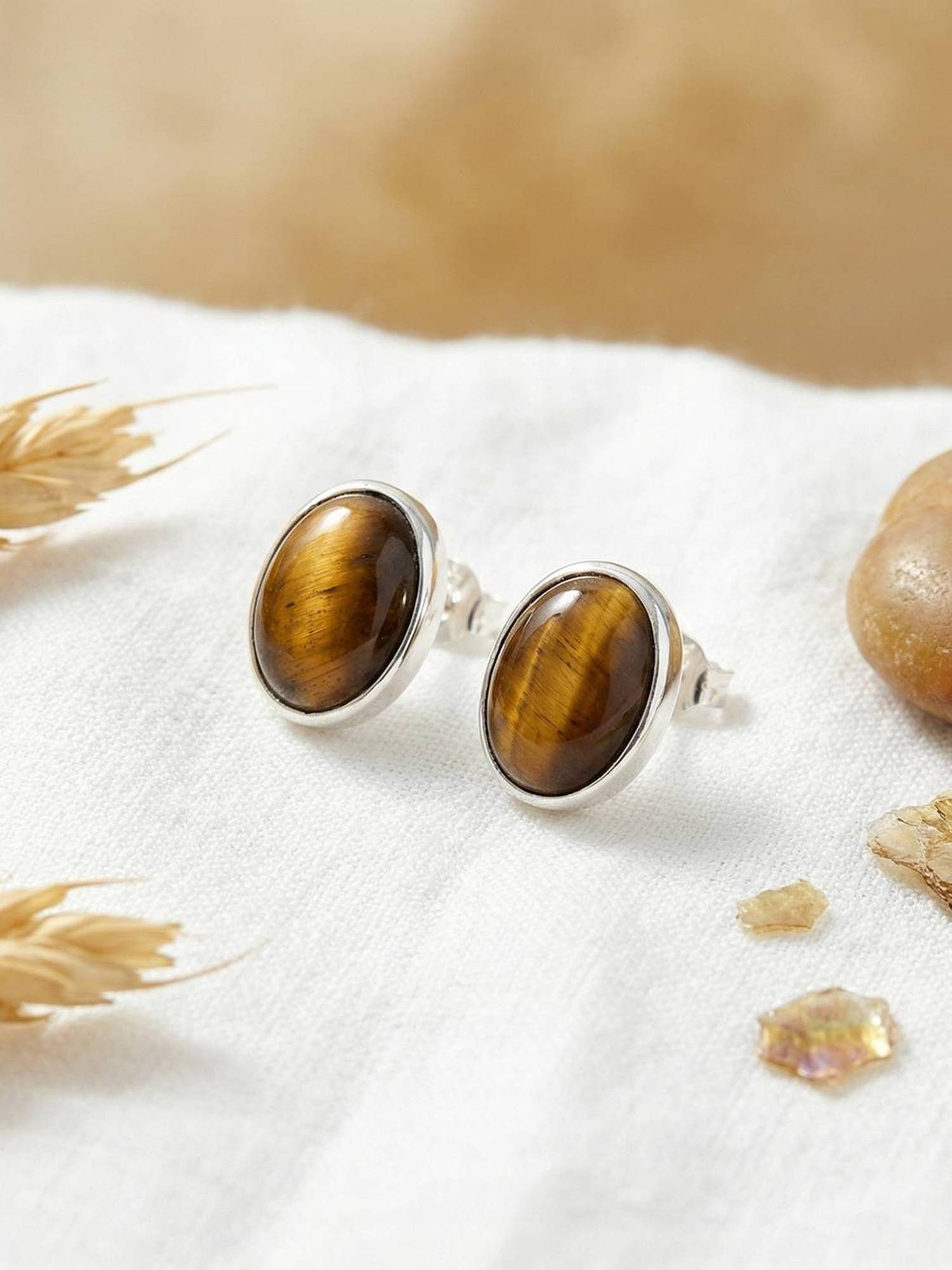 mantraroma Paar Ohrstecker SAMA oval aus 925 Silber mit Tigerauge (Paar, Paar Ohrringe mit Schmuckbeutel), 925 Sterling Silber Ohrringe für Damen