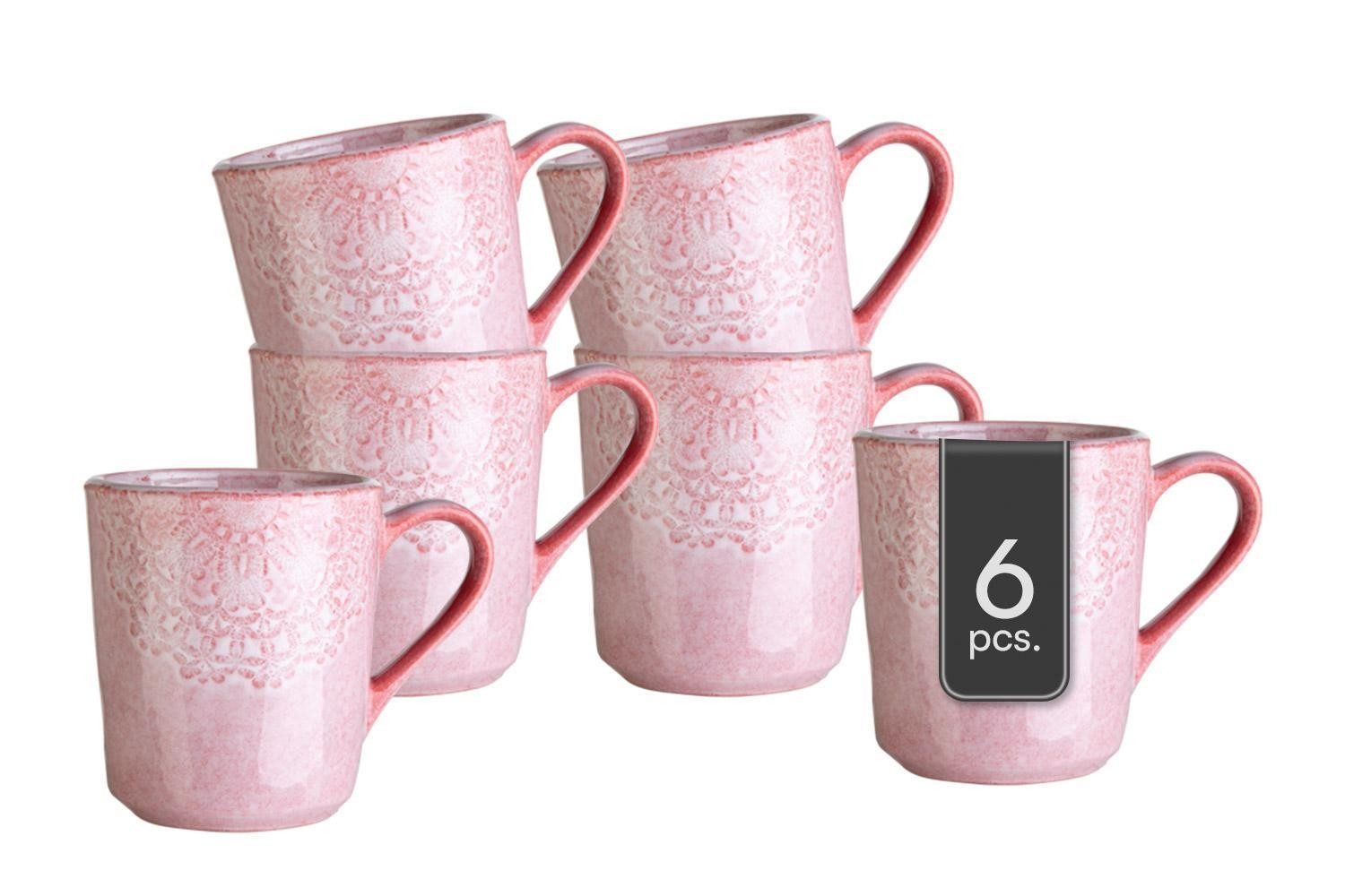 Home4You Tasse 6er Set, 355 ml, Rosa, mit floraler Prägung, Steingut, glasiert, spülmaschinengeeignet