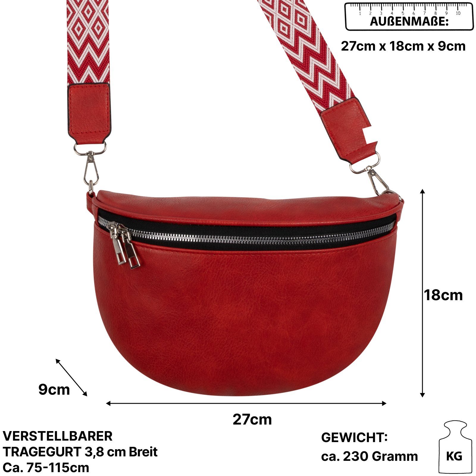 EAAKIE Gürteltasche Bauchtasche CrossOver, RED Umhängetasche Crossbody-Bag Italy-De, Umhängetasche Schultertasche, Hüfttasche tragbar Kunstleder als