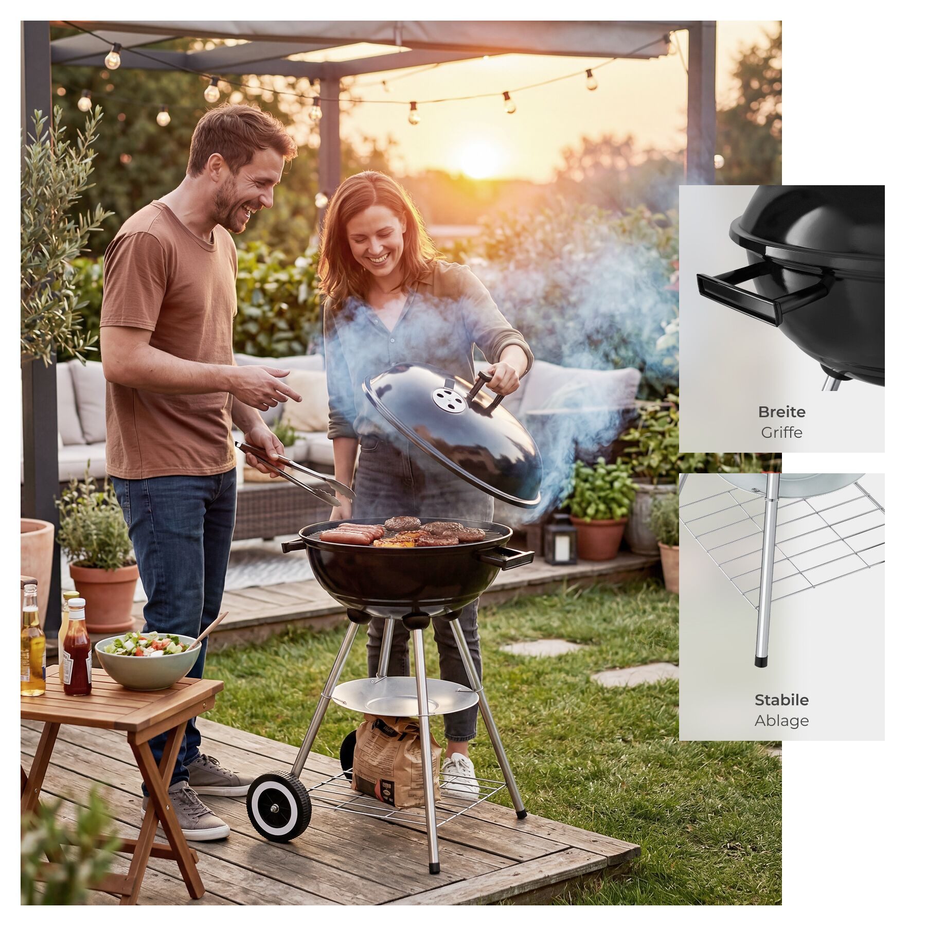 tectake Holzkohlegrill Kugelgrill - großer verchromter Rost & abnehmbare Ascheschale, Grillwagen, in schwarz/silber, leichtgängige Räder und regulierbare Luftzufuhr
