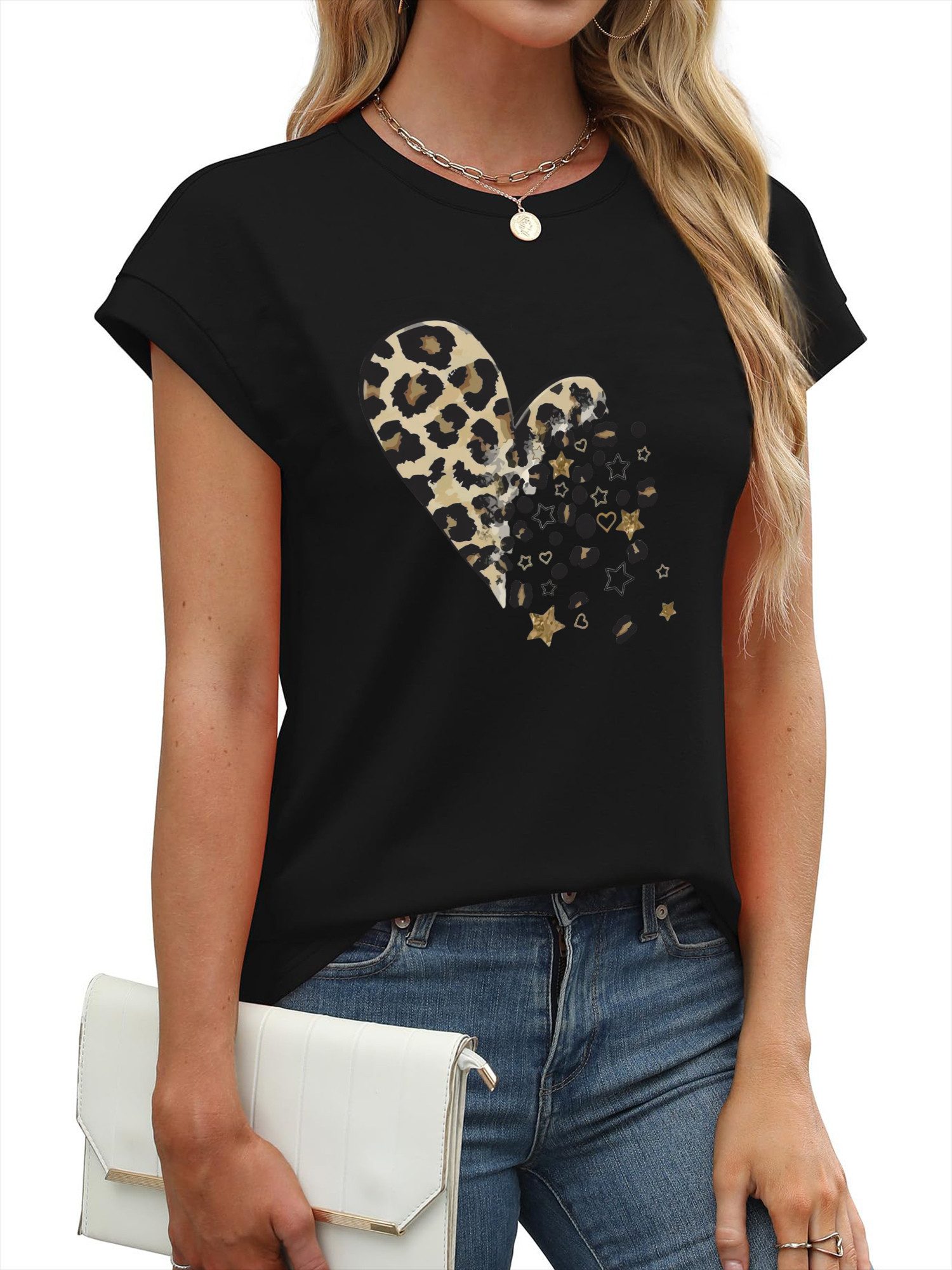 PYLIKE Kurzarmbluse Damen bequemes Sommer Kurzarm Carmenshirt Locker Liebe Print Modische Outfits Business Strand Urlaub Blusen Kleidung