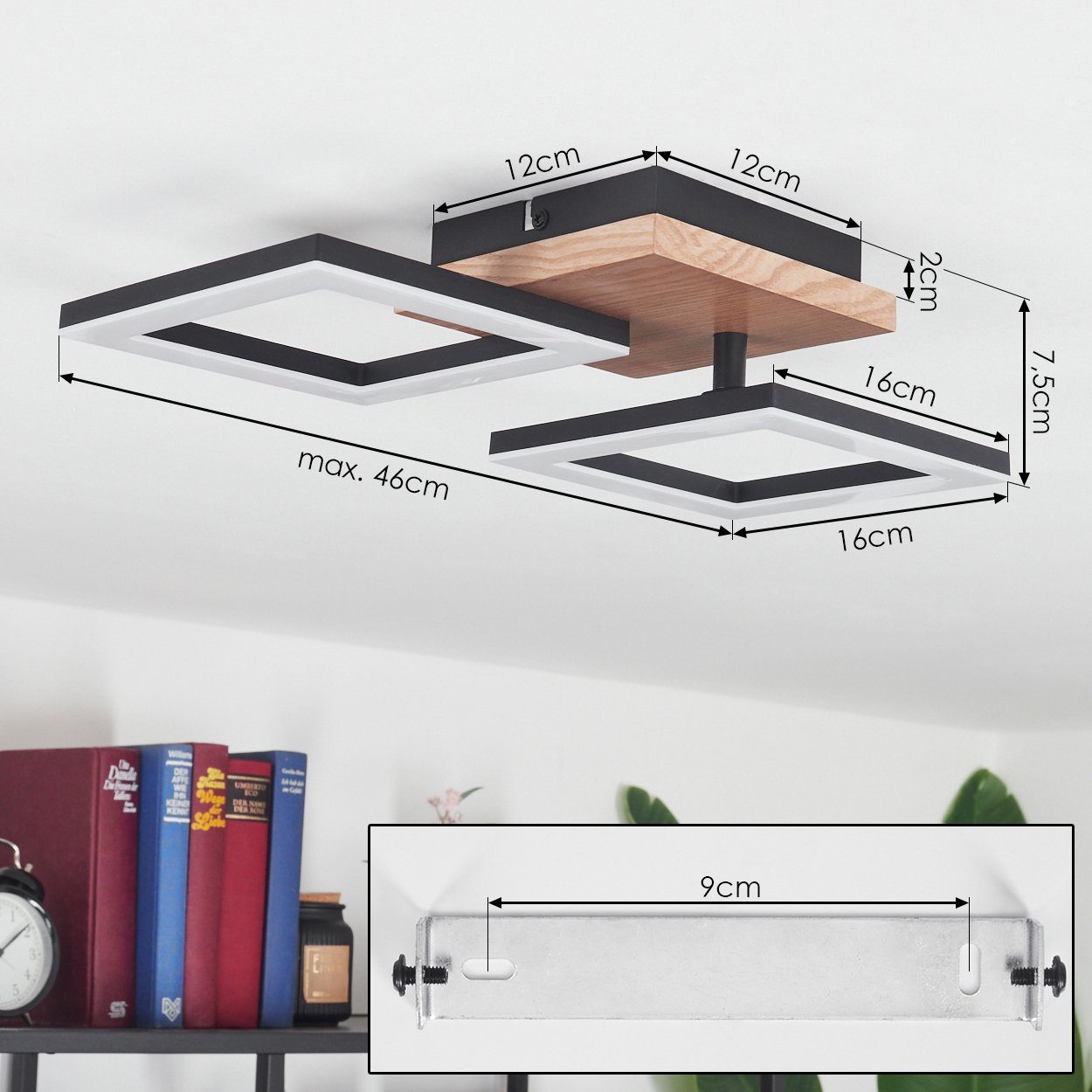 Leuchte Schwarz/Natur/Opal, 3000 hofstein eckige »Voghenza« Holzelementen, mit Deckenlampe Lumen Kelvin, 1200 verstellbaren Deckenleuchte Metall/Kunststoff/Holz, aus