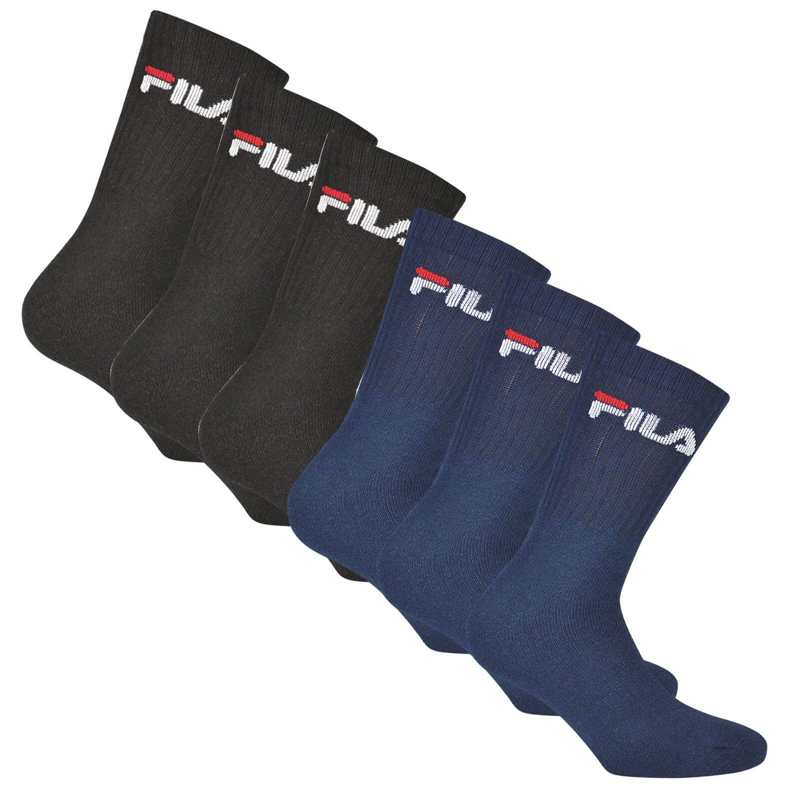 Fila Sportsocken Unisex Socken, 6er Pack - Crew Socks, Frottee Schwarz/Blau