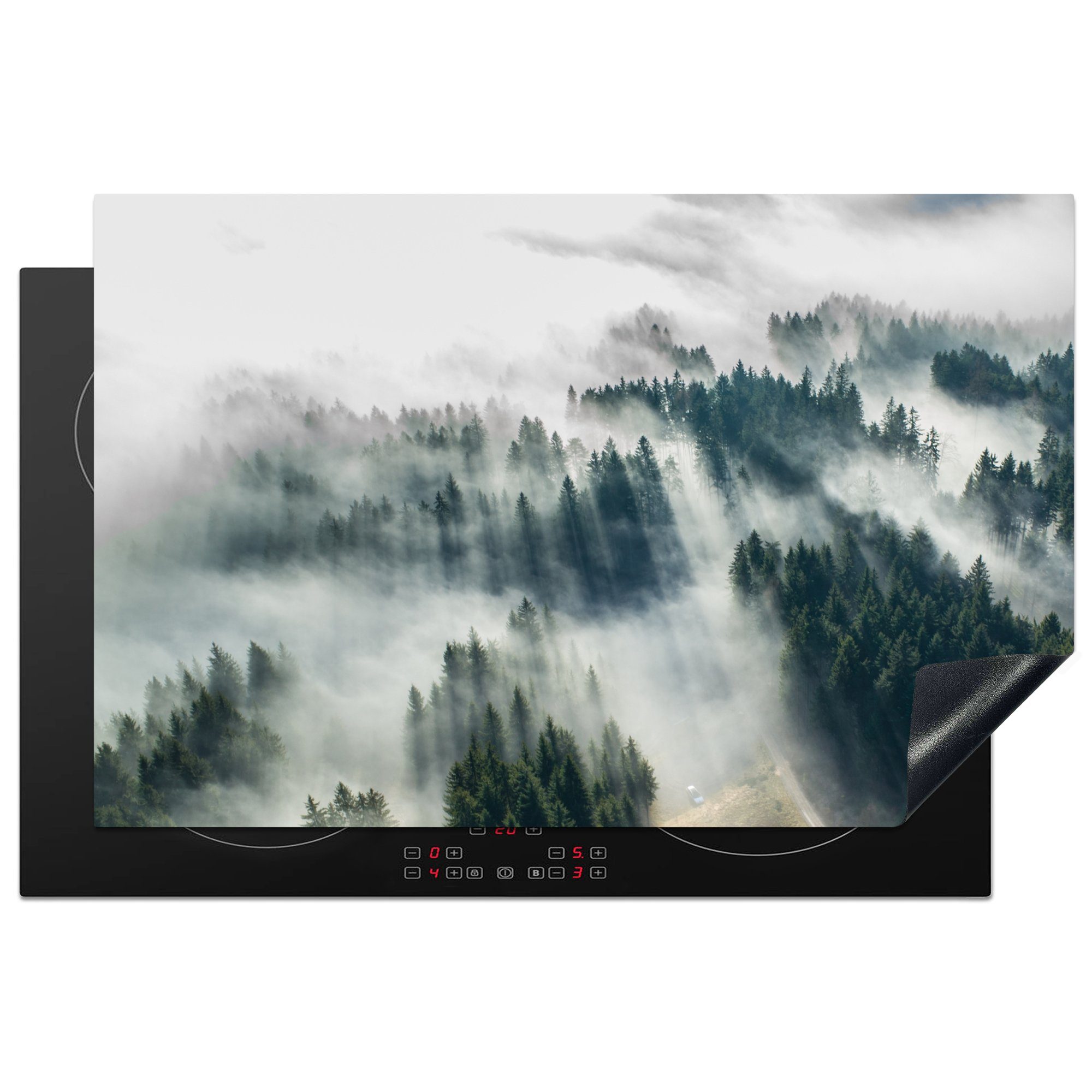 MuchoWow Herdblende-/Abdeckplatte Luftaufnahme von Nebel in einem Wald, Vinyl, (1 tlg), 81x52 cm, Induktionskochfeld Schutz für die küche, Ceranfeldabdeckung