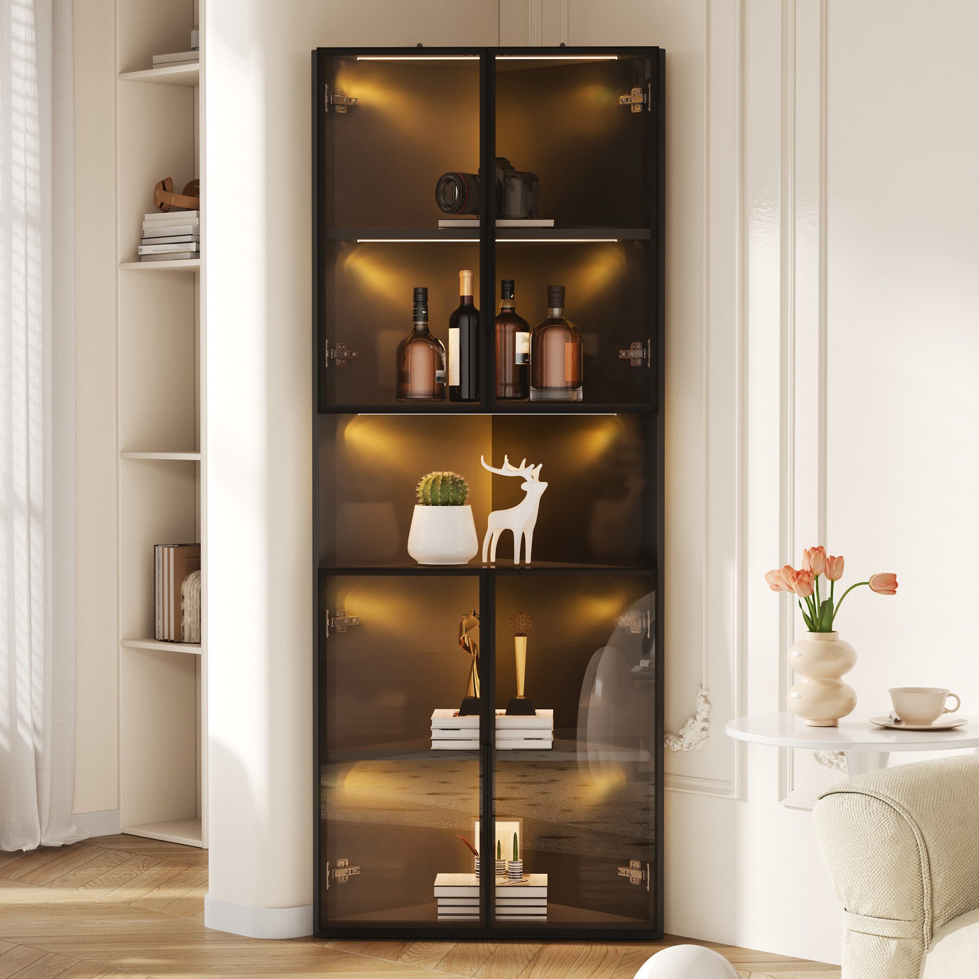 Flieks Glasvitrine Eckschrank mit LED-Beleuchtung und 4 Glastüren (1-St., B62/T44/H160 cm) Hochschrank Vitrine Holzoptik Mehrzweckschrank mit 5 Fächern