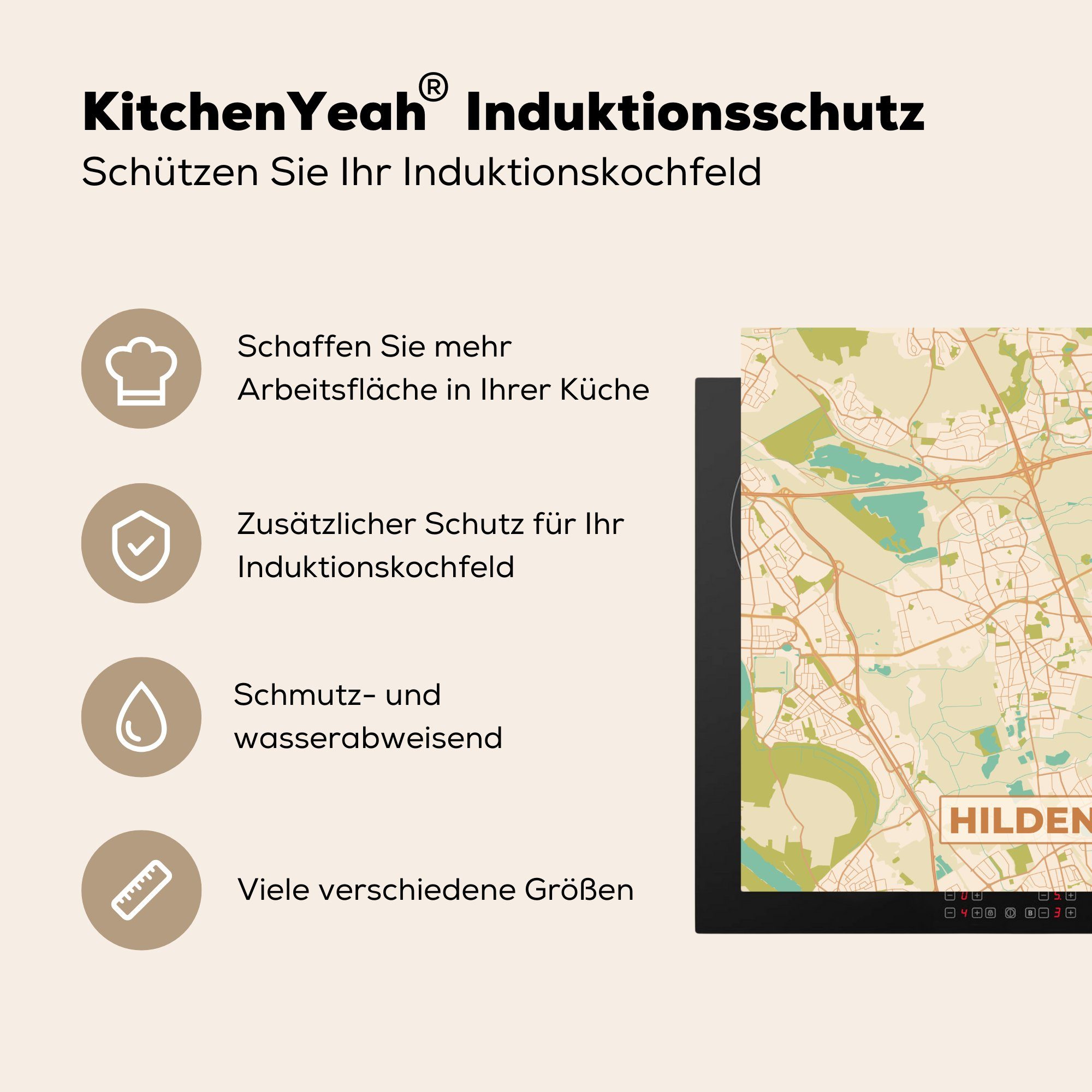 (1 Hilden - küche Stadtplan, vintage - Ceranfeldabdeckung, Arbeitsplatte cm, Karte 78x78 Vinyl, MuchoWow - tlg), für Herdblende-/Abdeckplatte