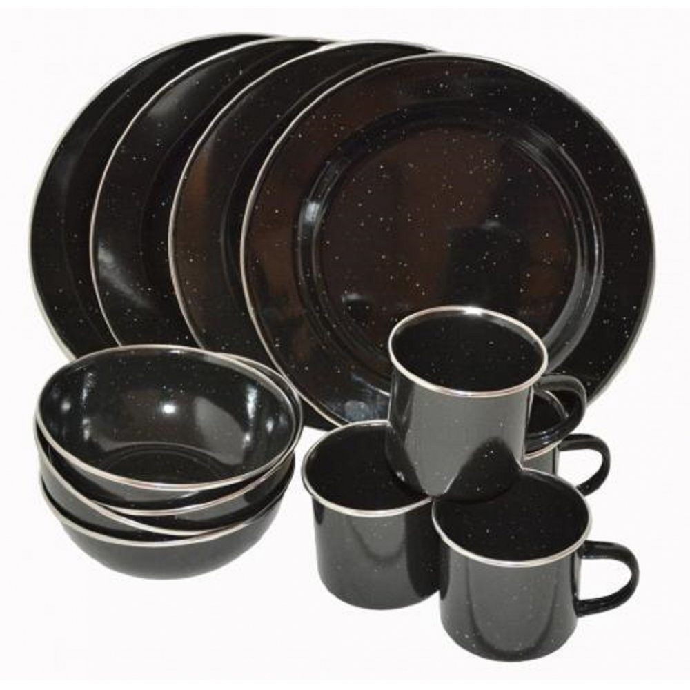 Geschirr-Set Essgeschirr Emaille schwarz neu (12-tlg. / 4 Personen)