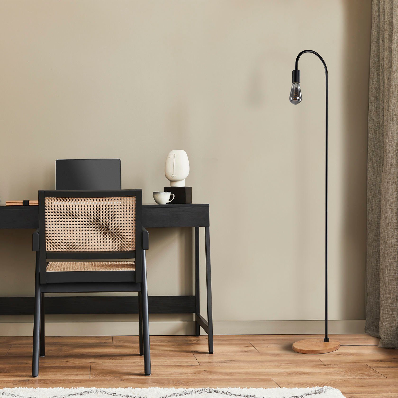 Paco Home Stehlampe LED Bogenlampe Wohnzimmer Minimalistisch ohne Industrial Fuß Skandi WALTER, Holz Leuchtmittel