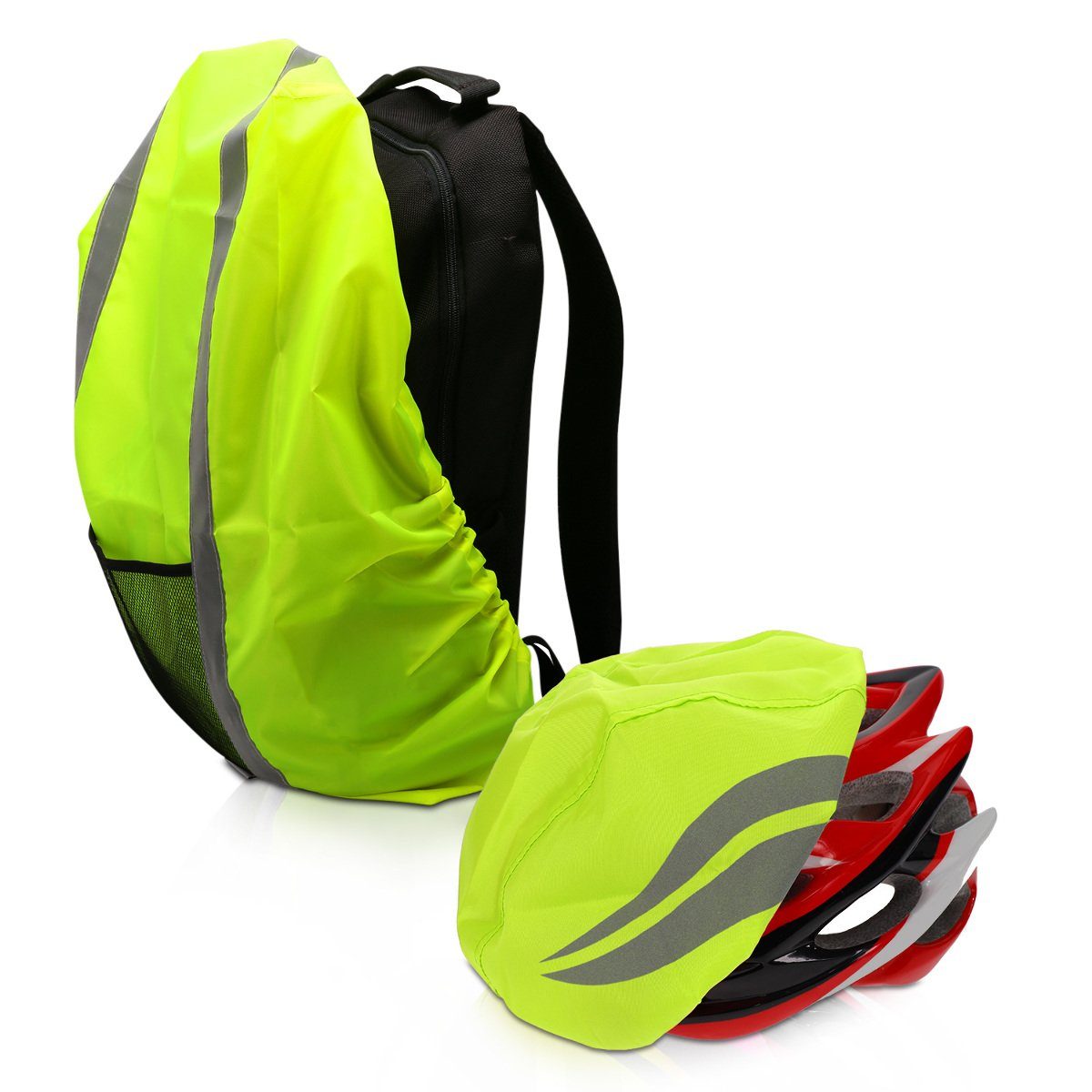 kwmobile Schutzweste Regenschutz Set Rucksack Regenhülle Helmüberzug Neon Helm - Gelb für