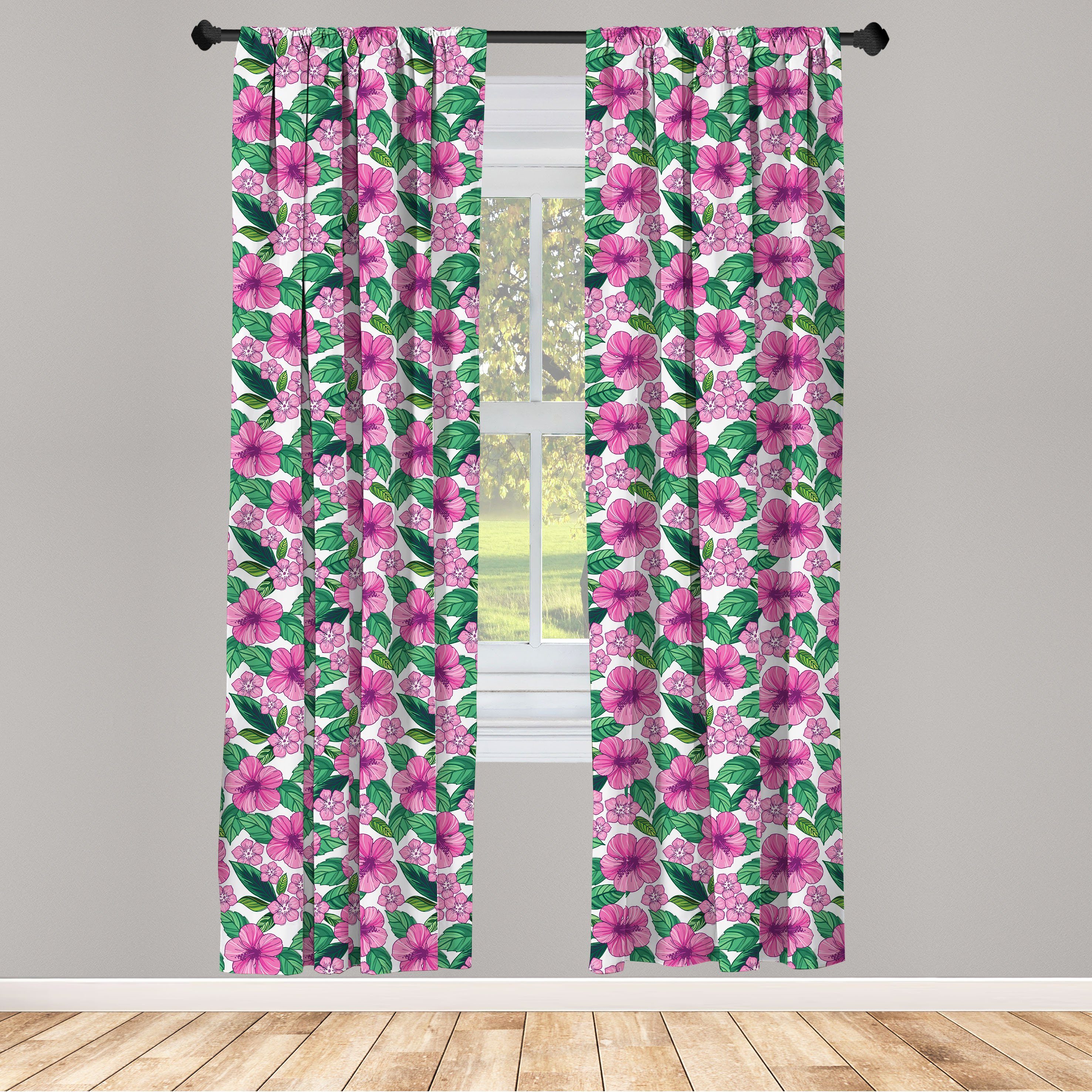Gardine Vorhang für Wohnzimmer Schlafzimmer Dekor, Abakuhaus, Microfaser, Blumen Hibiscus und Plumeria Kunst | Fertiggardinen