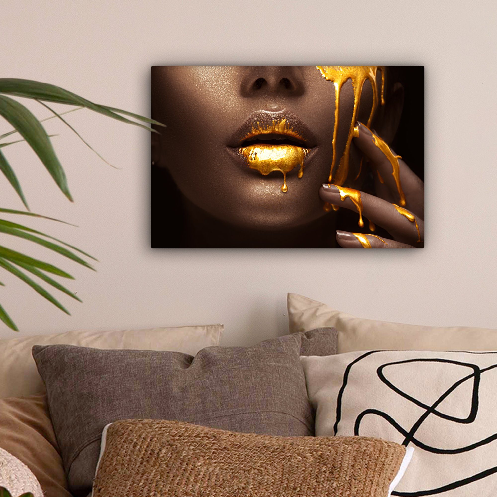 OneMillionCanvasses® Leinwandbild Gold - Frau - Farbe - Lippen - Luxus, Fot günstig online kaufen