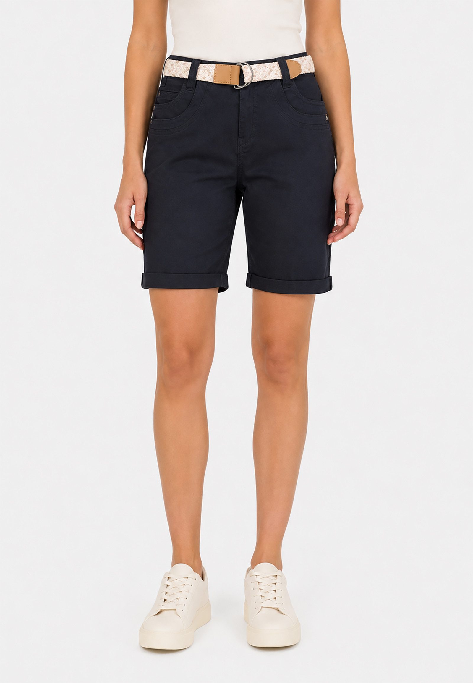 SUBLEVEL Bermudas Stretch Twill Chino Bermuda mit Gürtel und Spitzenakzent für Damen Baumwolle Regular Fit unifarben atmungsaktiv Reißverschluss