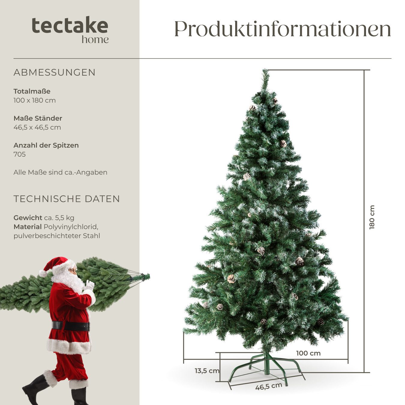 tectake Künstlicher Weihnachtsbaum Christbaum künstlich Tannenbaum 180 cm Kiefernzapfen Grün, Undekorierter/Unbeleuchteter Baum, 180 cm, künstlich mit Zapfen