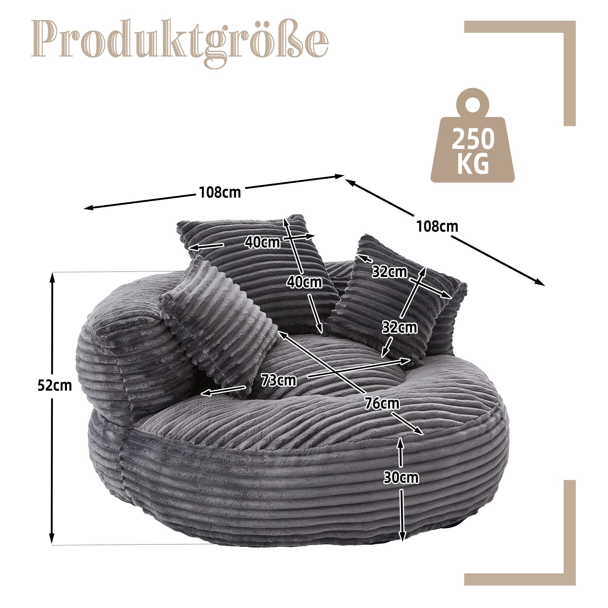 LVHOM Sitzsack 108x108x52cm Chenille Premium Sofa mit 3 extra Kopfkissen (Kuschelig & Atmungsaktiv, Einzelsitzer-Lounge, komplett komprimiert geliefert. Perfekt – Bild 3 von 5