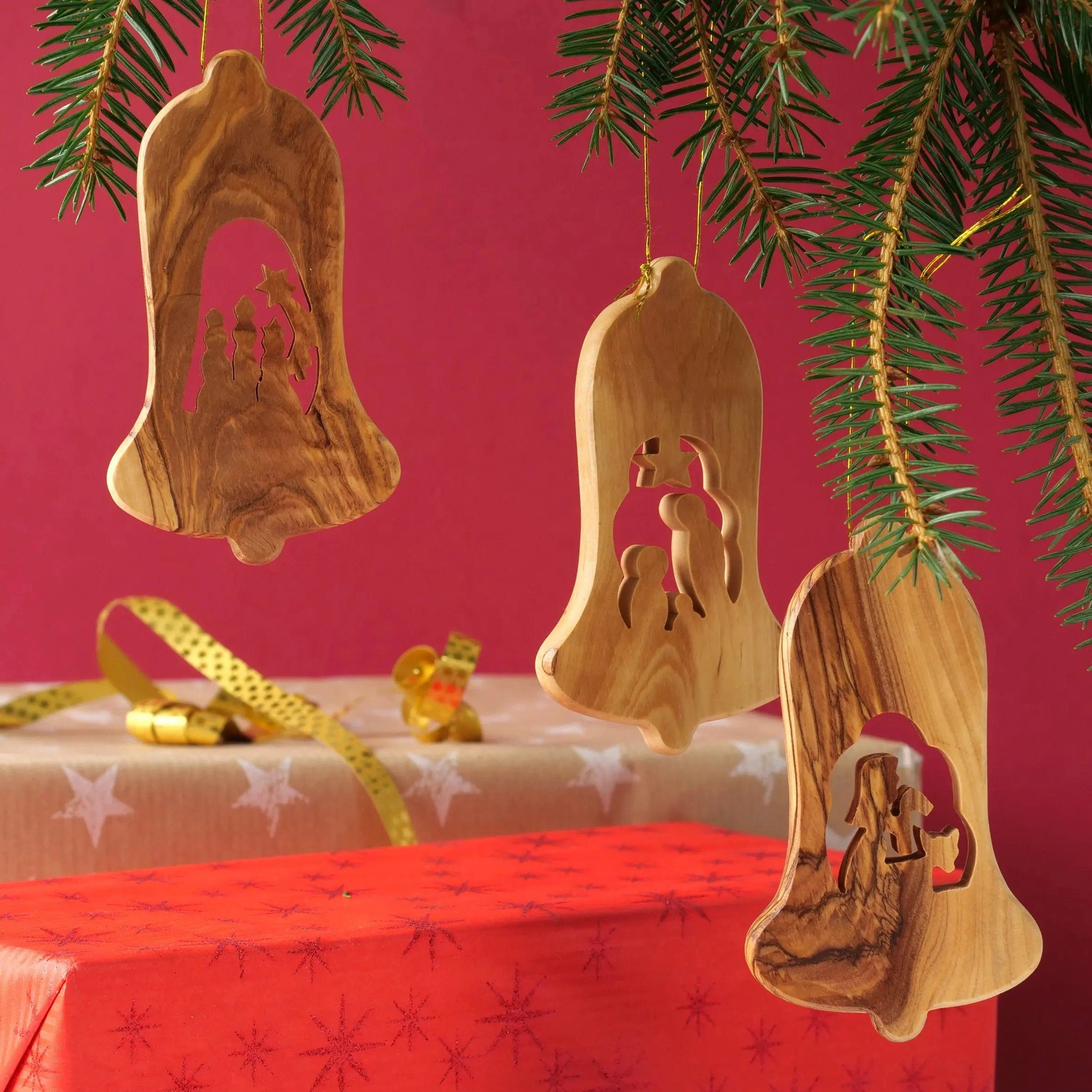 Kassis Dekoobjekt Weihnachtsdeko Baumschmuck Rinde Anhänger, Olivenholzdeko, Glocke Krippe, Bethlehem, aus umweltfreundlich, ohne handgemacht