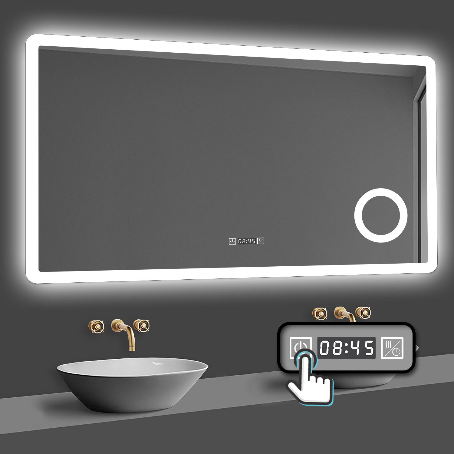 Badspiegel 80-160cm 3 Lichtfarbe, Uhr, Beschlagfrei, 3-Fach Schminkspiegel