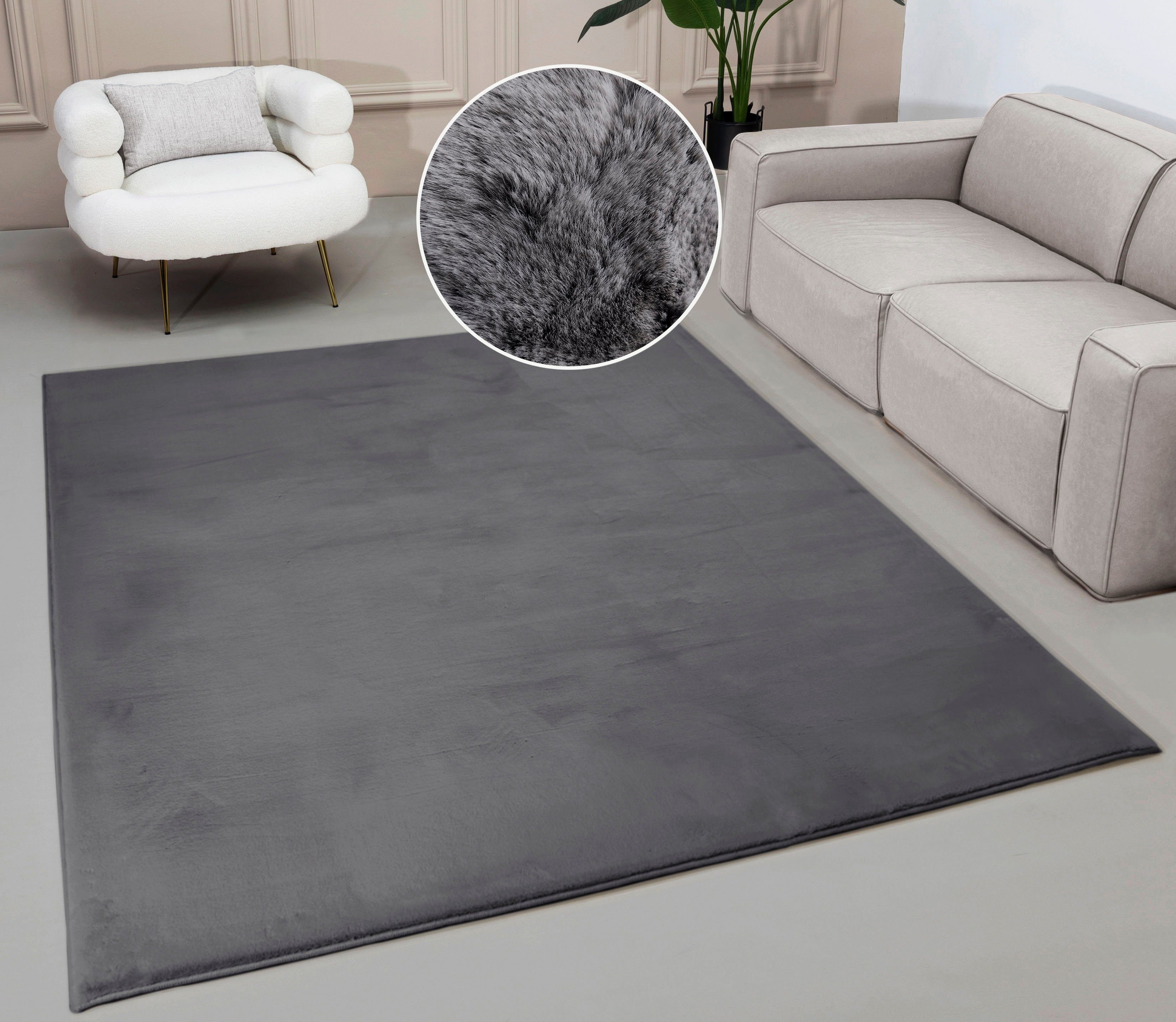 OTTO home Fellteppich Balu, in Standard- und Premium-Qualität, 20 mm oder 38 mm Höhe, rechteckig, Höhe: 20 mm, Kaninchenfell-Haptik, kuschelig, weich, Kunstfellteppich, Wohnzimmer