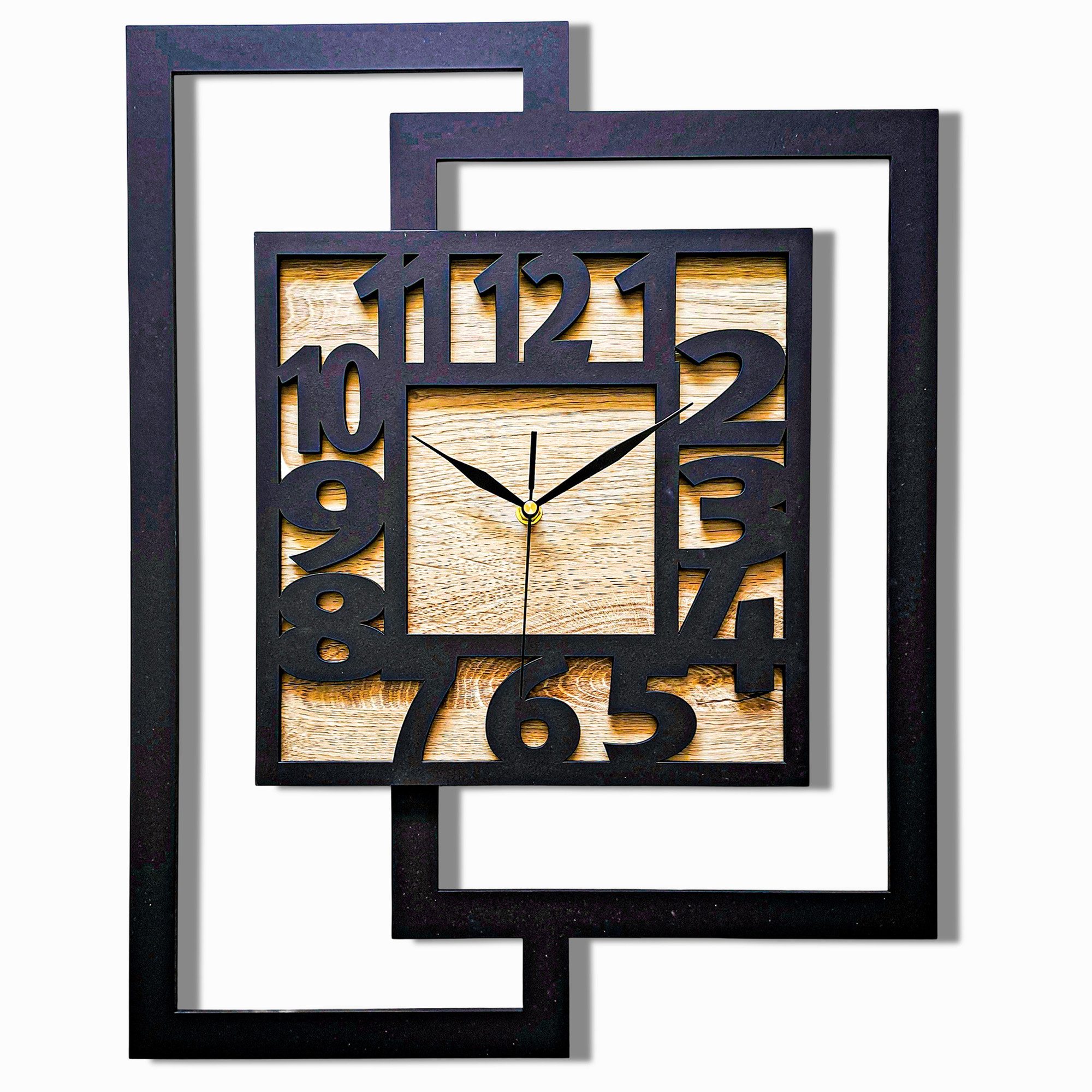 ORNAMENTI Wanduhr Grosse, moderne, geometrisch, Holz, hingucker, rechteckig hochkant (vertical, loft, ohne Ticken, Wanddeko, Holzdeko, leise / lautlos)