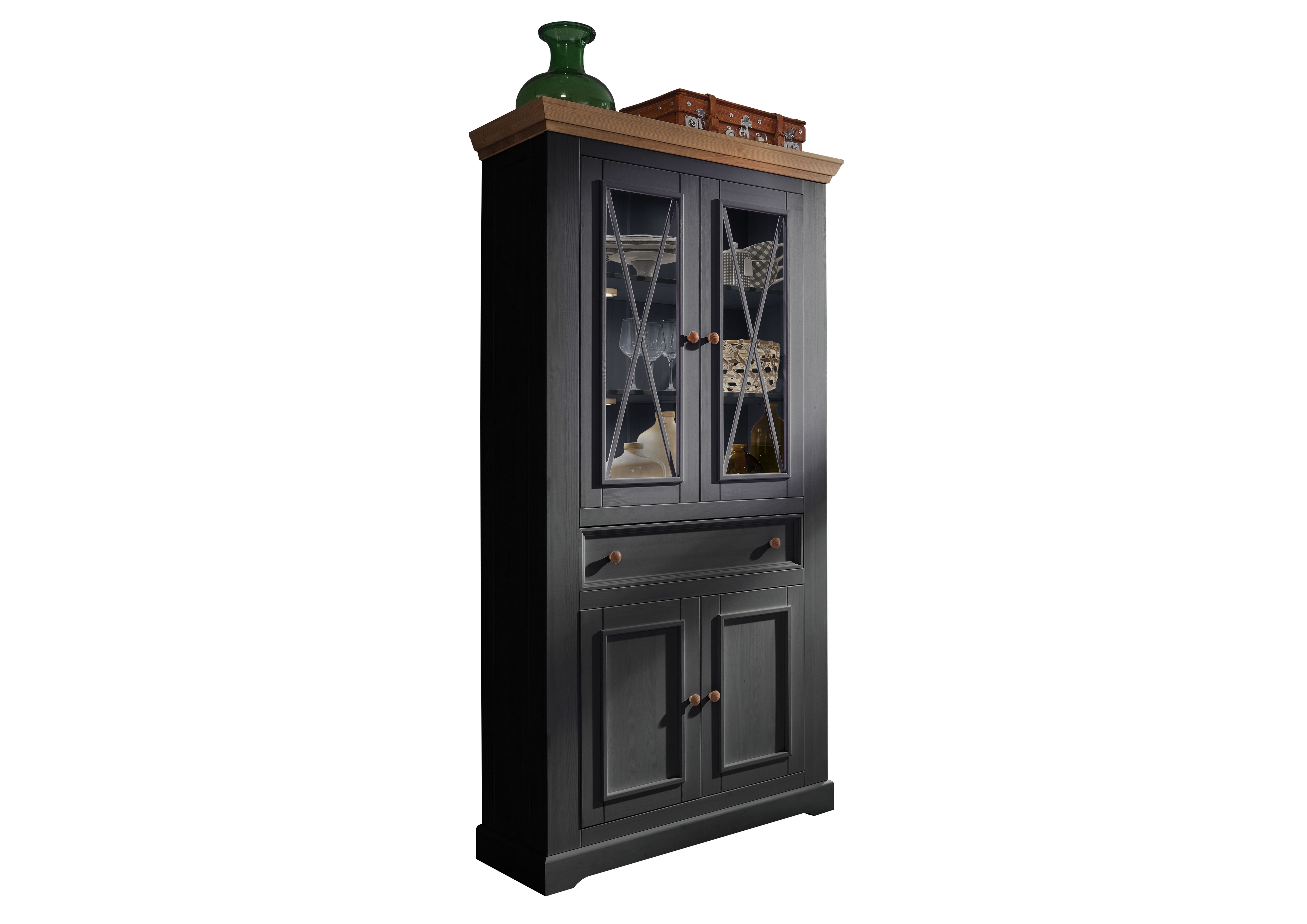 Woodroom Vitrine Oslo (Maße: 109 × 214 × 42 cm) massive Kiefer weiß oder grau gewachst