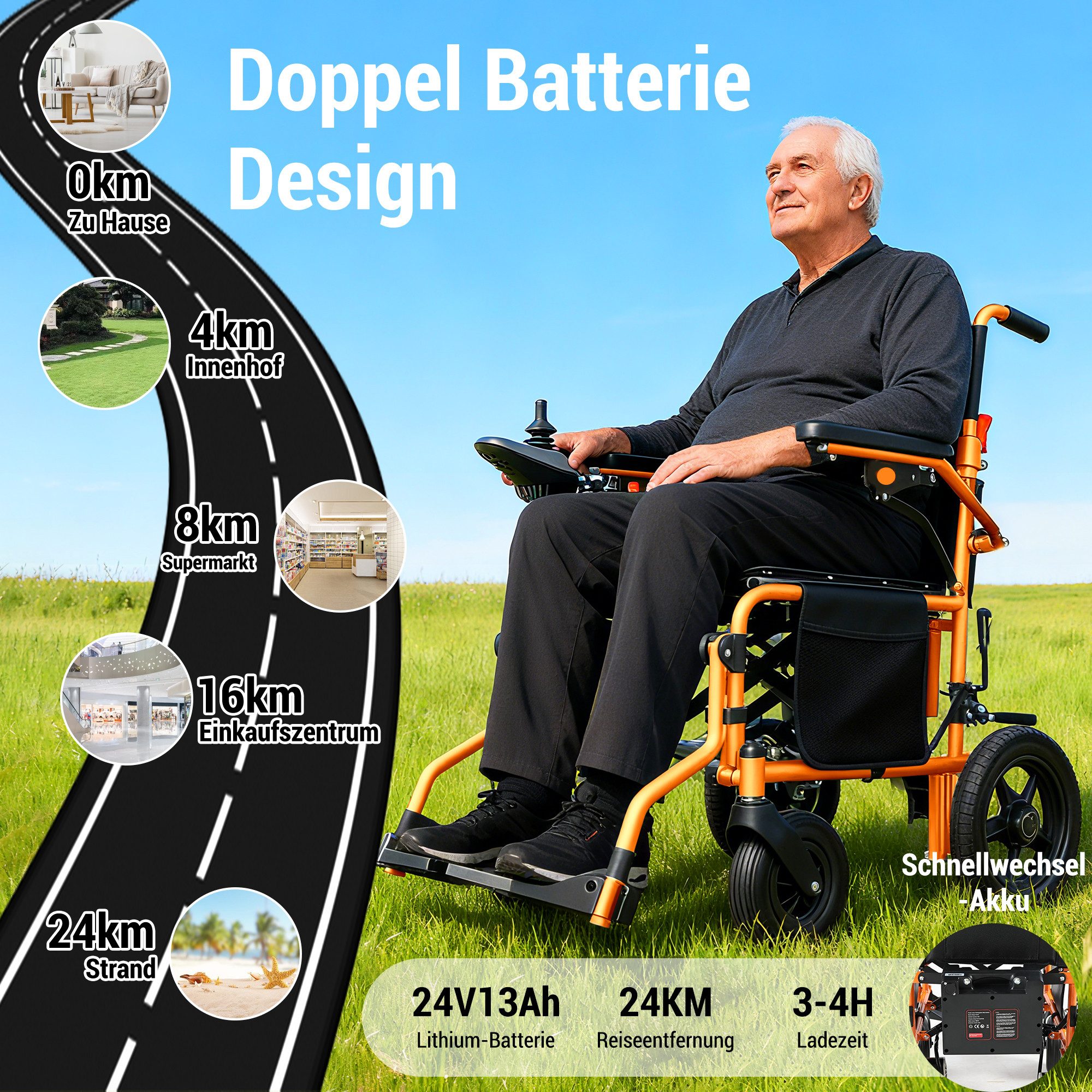 Vankel Elektrorollstuhl klappbar leicht elektr. Rollstuhl 500W, max.24 km max.150 kg, mit 360°-Joystick, 12° Steigfähigkeit & Anti-Kipp-Rädern