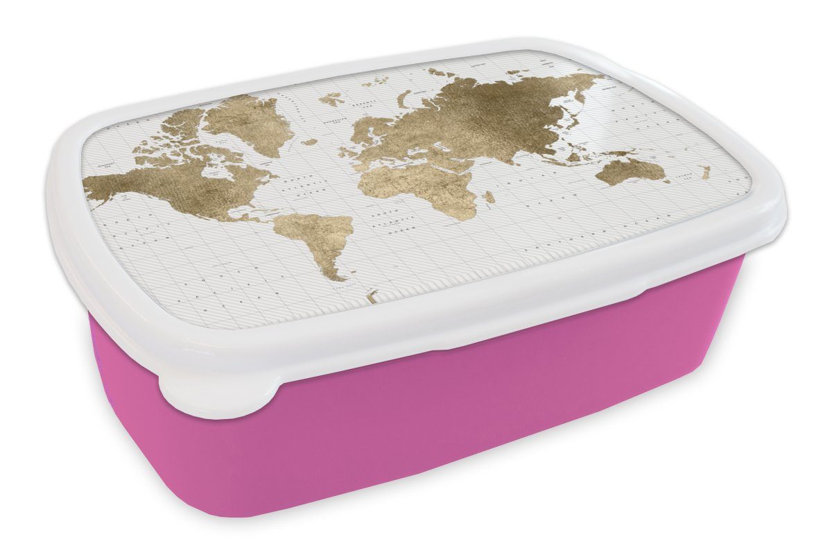 MuchoWow Lunchbox Weltkarte - Gold - Glitter, Kunststoff, (2-tlg), Brotbox für Erwachsene, Brotdose Kinder, Snackbox, Mädchen, Kunststoff rosa