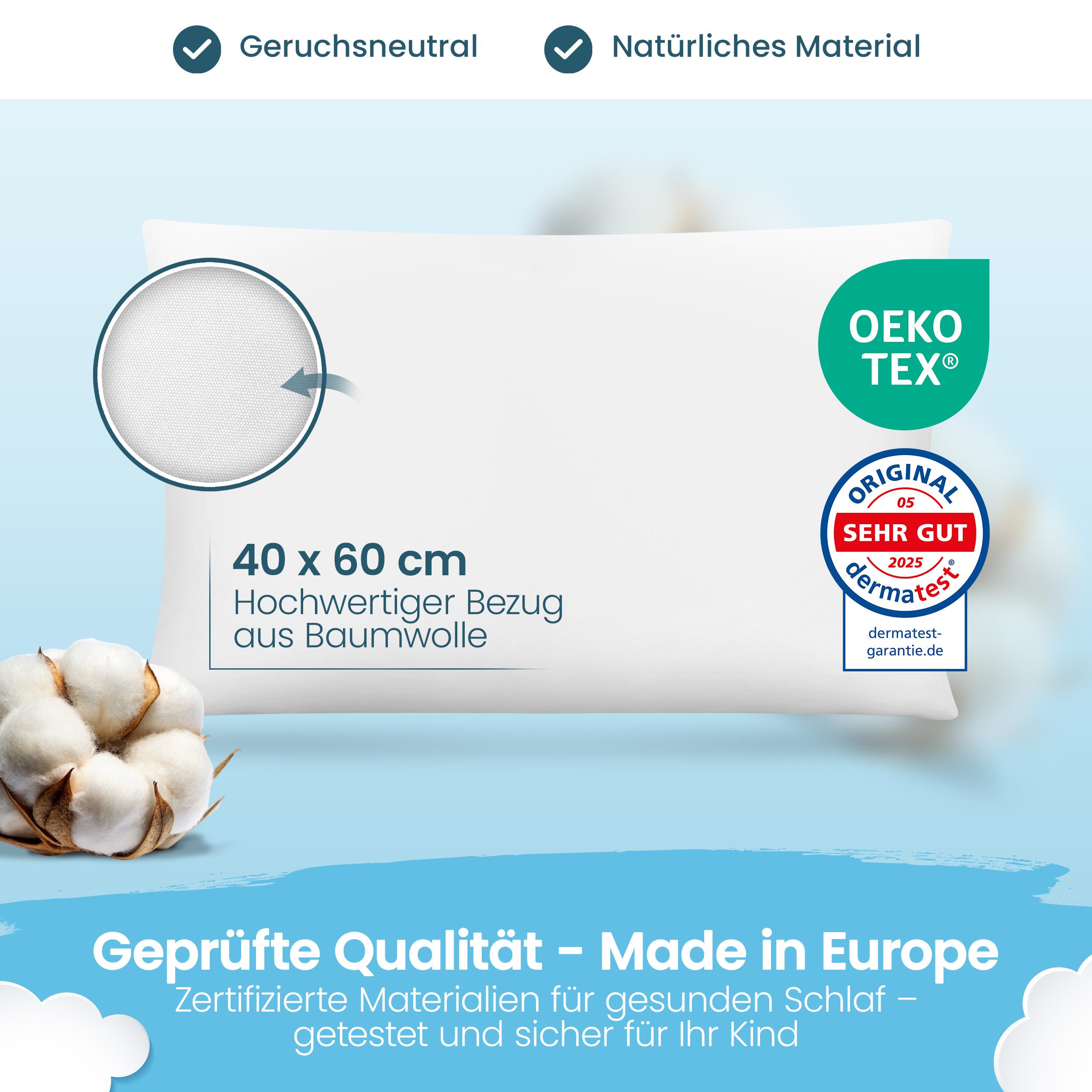 Gentle North Kopfkissen Flaches Kinderkopfkissen ab 2 Jahre mit Baumwollbezug, Füllung: 100% Polyester, Bezug: Baumwolle, Seitschläfer, Bauchschläfer, Rückenschläfer, Seitenschläfer