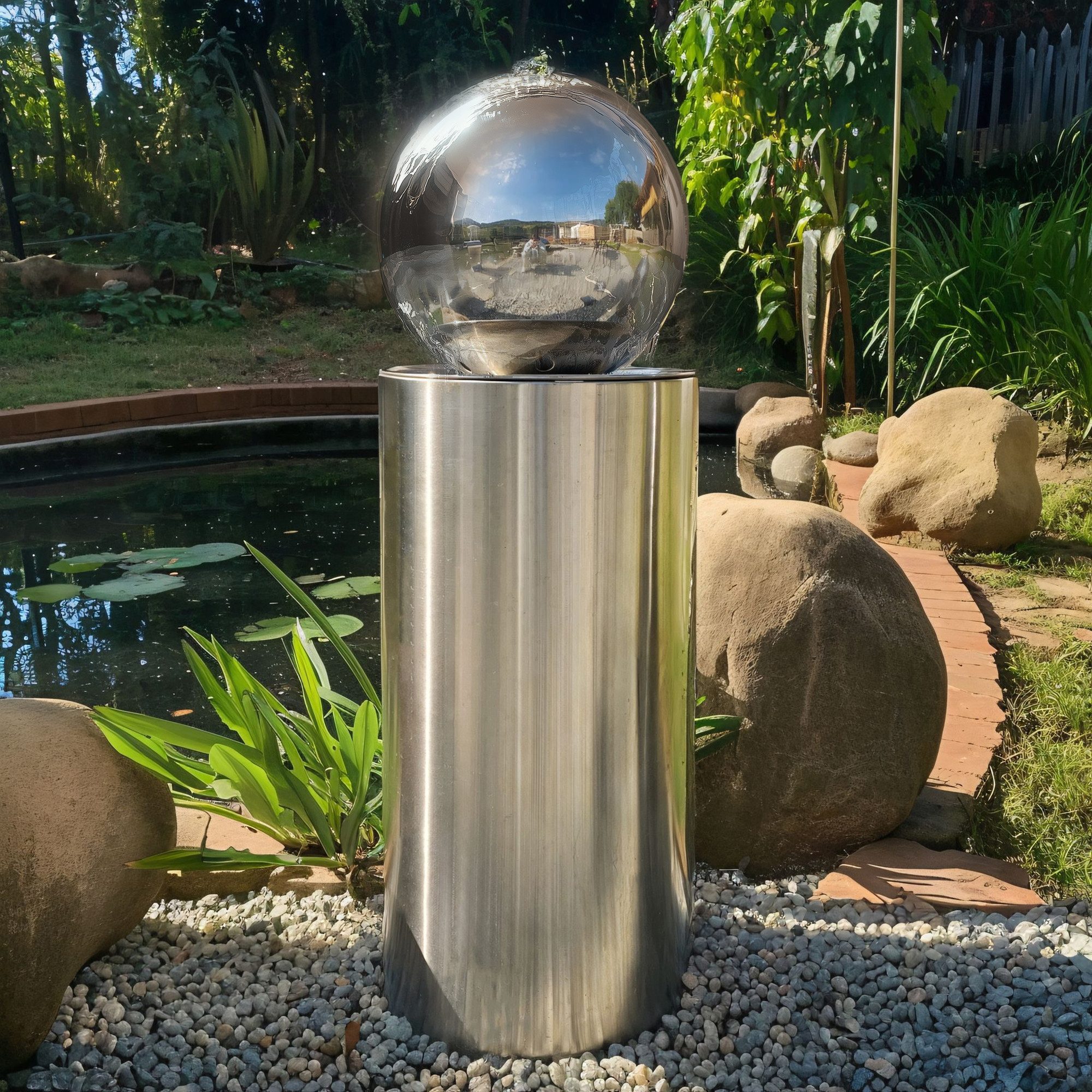 Köhko Gartenbrunnen Kugelbrunnen Ø25cm mit LED auf zylindrischen Edelstahl Eimer H30cm – Bild 3 von 5