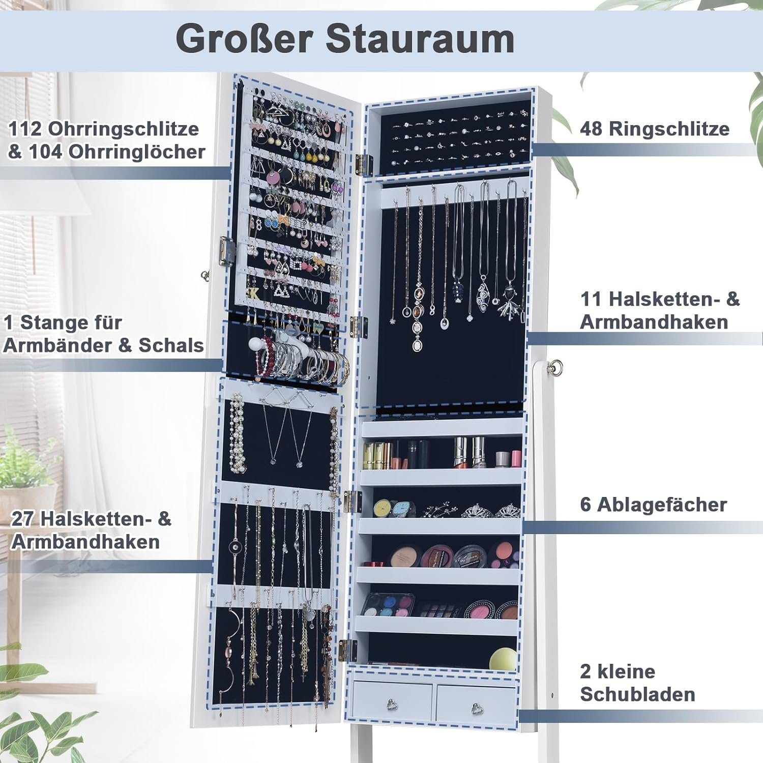 Spiegelschrank & Abschließbar Schmuckschrank Stehend KOMFOTTEU Schmuckregal