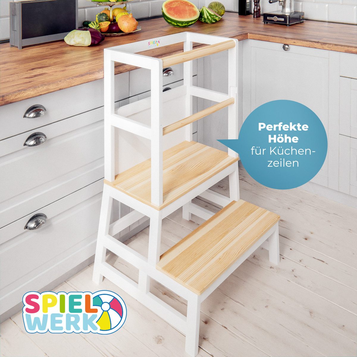 Spielwerk Stehhilfe, Lernturm ab 2 Jahren mit Tafel Montessori Tritthocker Lernstuhl Holz
