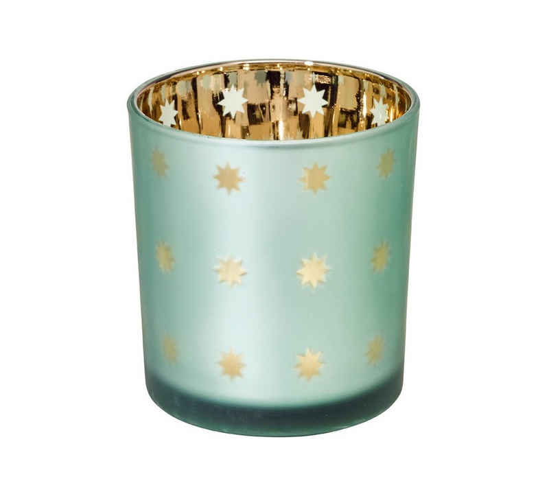 EDZARD Windlicht Duco, Teelichthalter aus Glas mit Sternen-Design, Teelichtglas mit Innenseite in Gold-Optik, für Teelichter und Maxi-Teelichter, Höhe 8 cm, Ø 7,3 cm