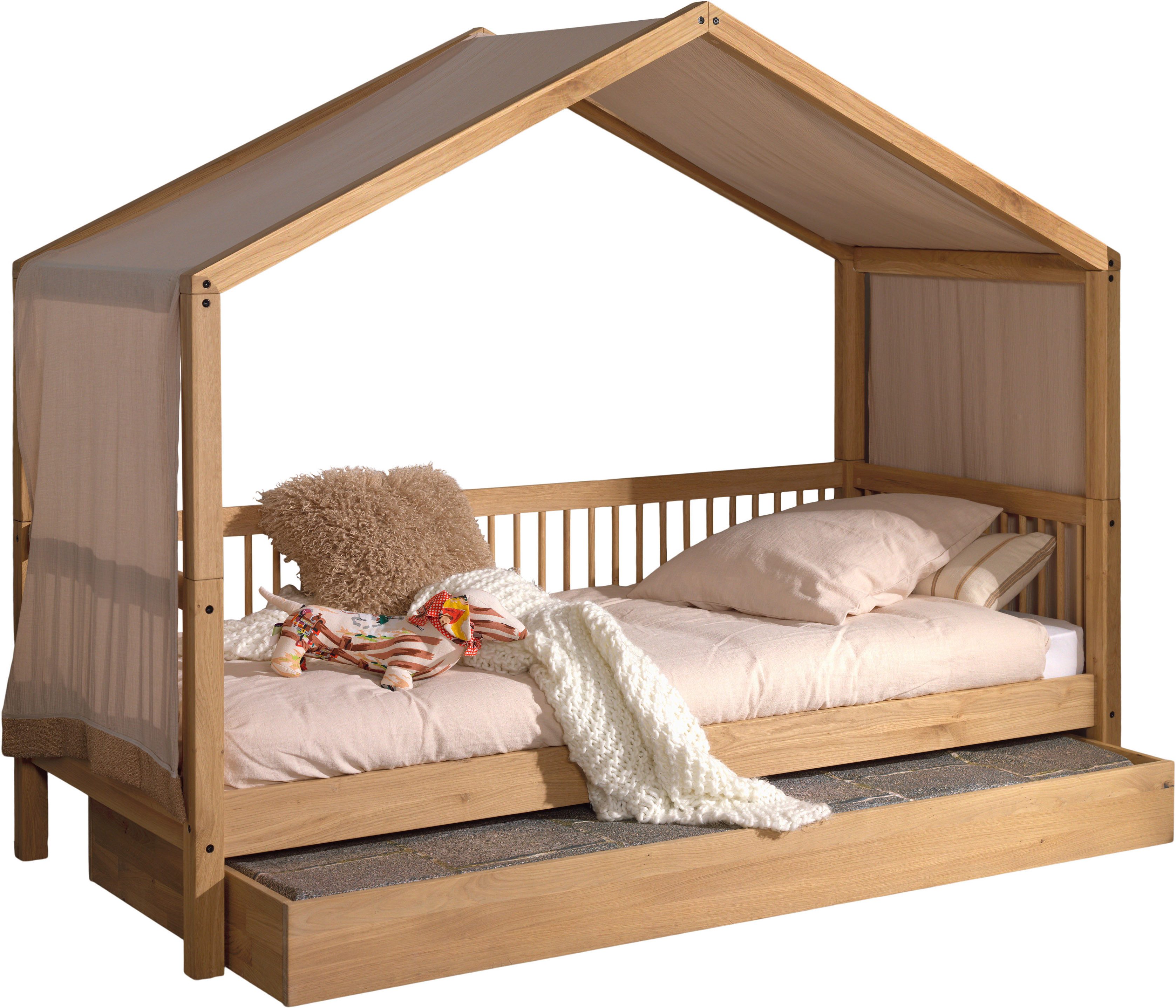 Vipack Hausbett Eiche massiv geölt, Made in Europe, langlebige Qualität (B/H/T ca. 207,5x170x97,5cm, inkl. Dachaufbau und Massivholz Lattenrost), Liegefläche 90x200 cm, inkl. Textilhimmel und Bettschublade