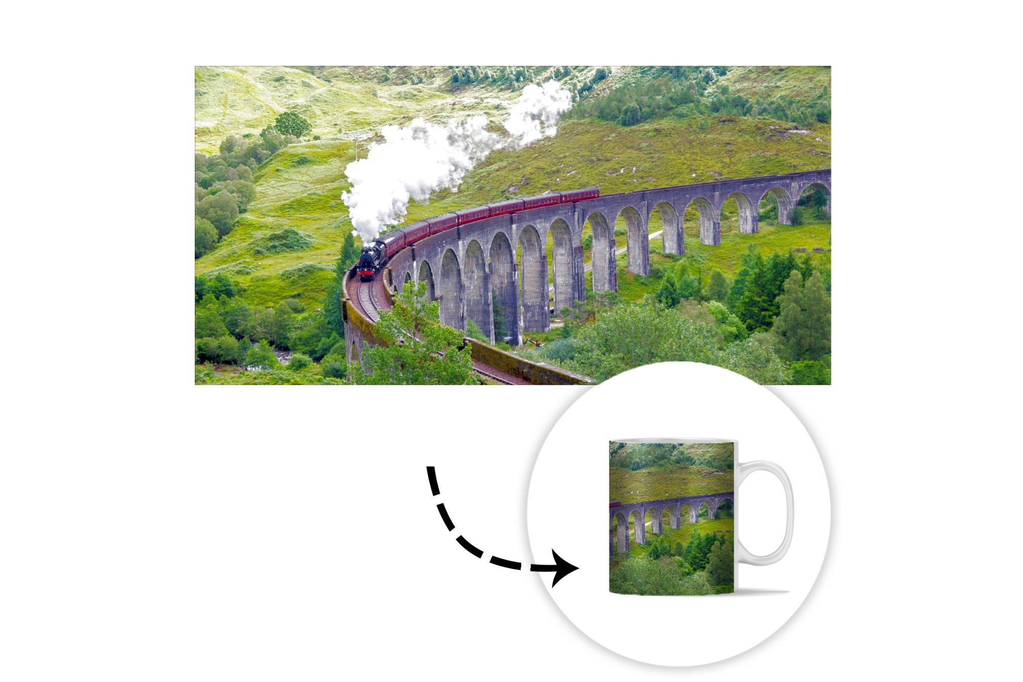MuchoWow Tasse Dampfzug inmitten Teetasse, grünen Schottlands, Teetasse, Landschaft Keramik, Kaffeetassen, Becher, Geschenk der