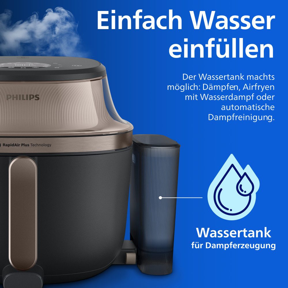 Philips Heißluftfritteuse NA547/07 Steam Airfryer 5000 Series mit EasySlide, 7,2L Kapazität, 2000 W, mit Dampfgarfunktion u. RapidAir Plus Technologie; Schwarz/Gold