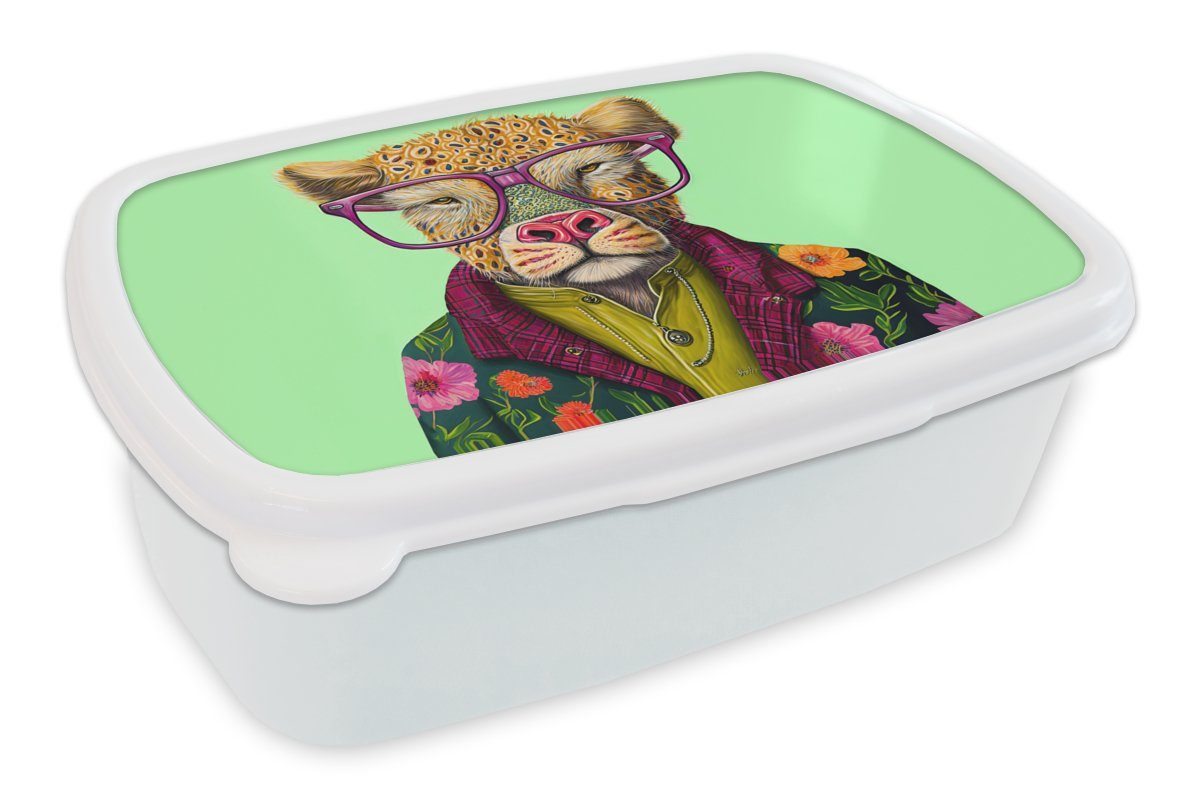 MuchoWow Lunchbox Tiere - Brille - Hund - Design, Kunststoff, (2-tlg), Brotbox für Kinder und Erwachsene, Brotdose, für Jungs und Mädchen weiß