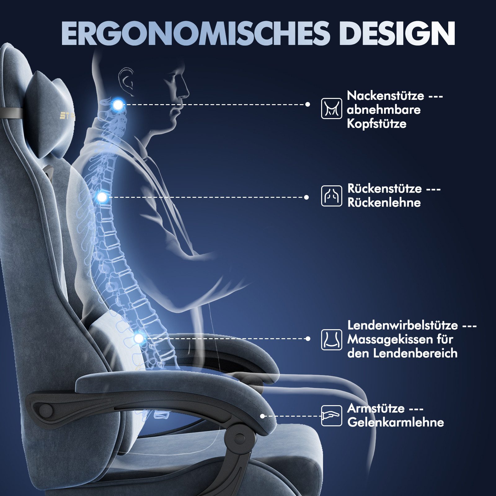 Ferghana Gaming-Stuhl Gaming-Stuhl: Kopfstütze, Lendenkissen, Armlehnen, Fußstütze (Packung), Ergonomischer PC-Stuhl,Rückenlehne 90°-125°