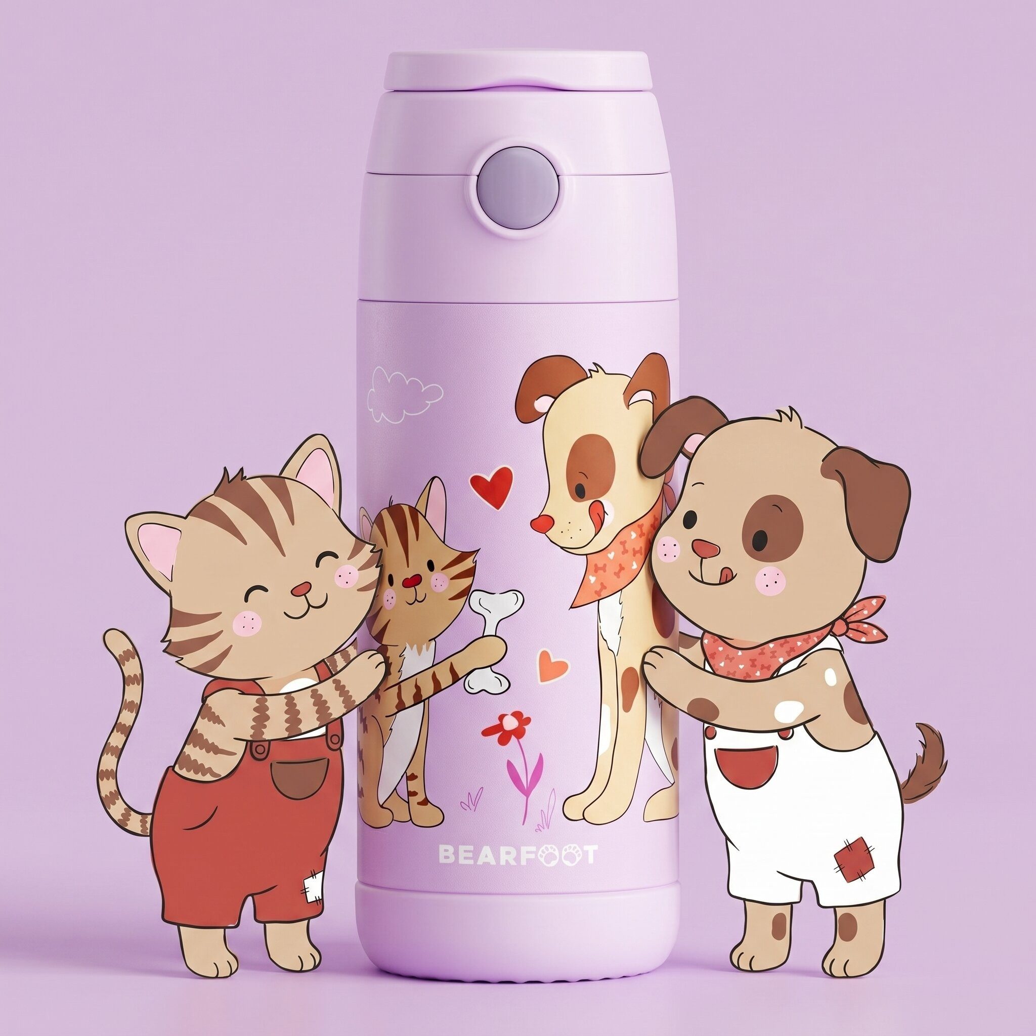 BEARFOOT Trinkflasche Thermo Kinder Trinkflasche Edelstahl - Hund & Katze lila, Thermosflasche, auslaufsicher, Edelstahl, Kinderflasche, BPA-frei – Bild 2 von 5