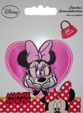 Disney Aufnäher Bügelbild, Aufbügler, Applikationen, Patches, Flicken, zum aufbügeln, Polyester, Minnie Mouse BRILLE & HERZ - Größe: 7,2 x 6,4 cm