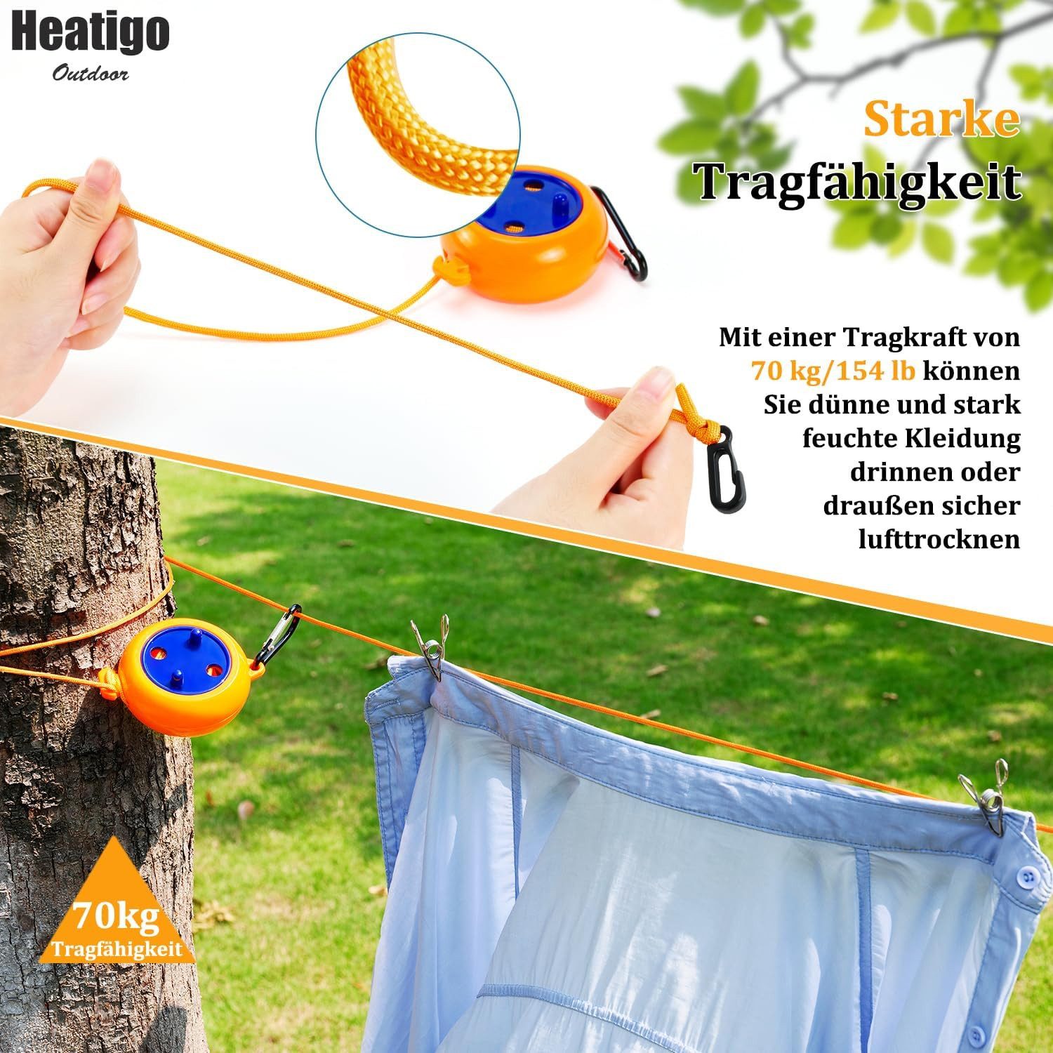 FELIXLEO Wand-Wäscheleine Wäscheleine ausziehbar 10m Camping tragbar Reise Outdoor orange
