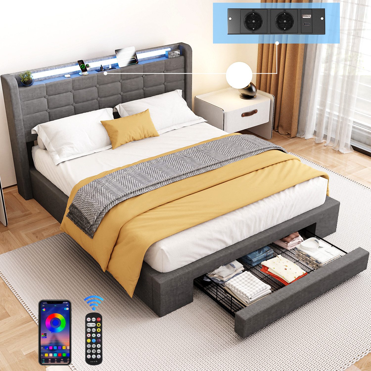 oyajia Polsterbett Stauraumbett Doppelbett mit LED Beleuchtung mit Ladefunktion (Type-C + USB, Hydraulisch hebbarer Stauraum), Funktionsbett Stauraumbetten Jugendbett Bettgestell Leises Design Bett