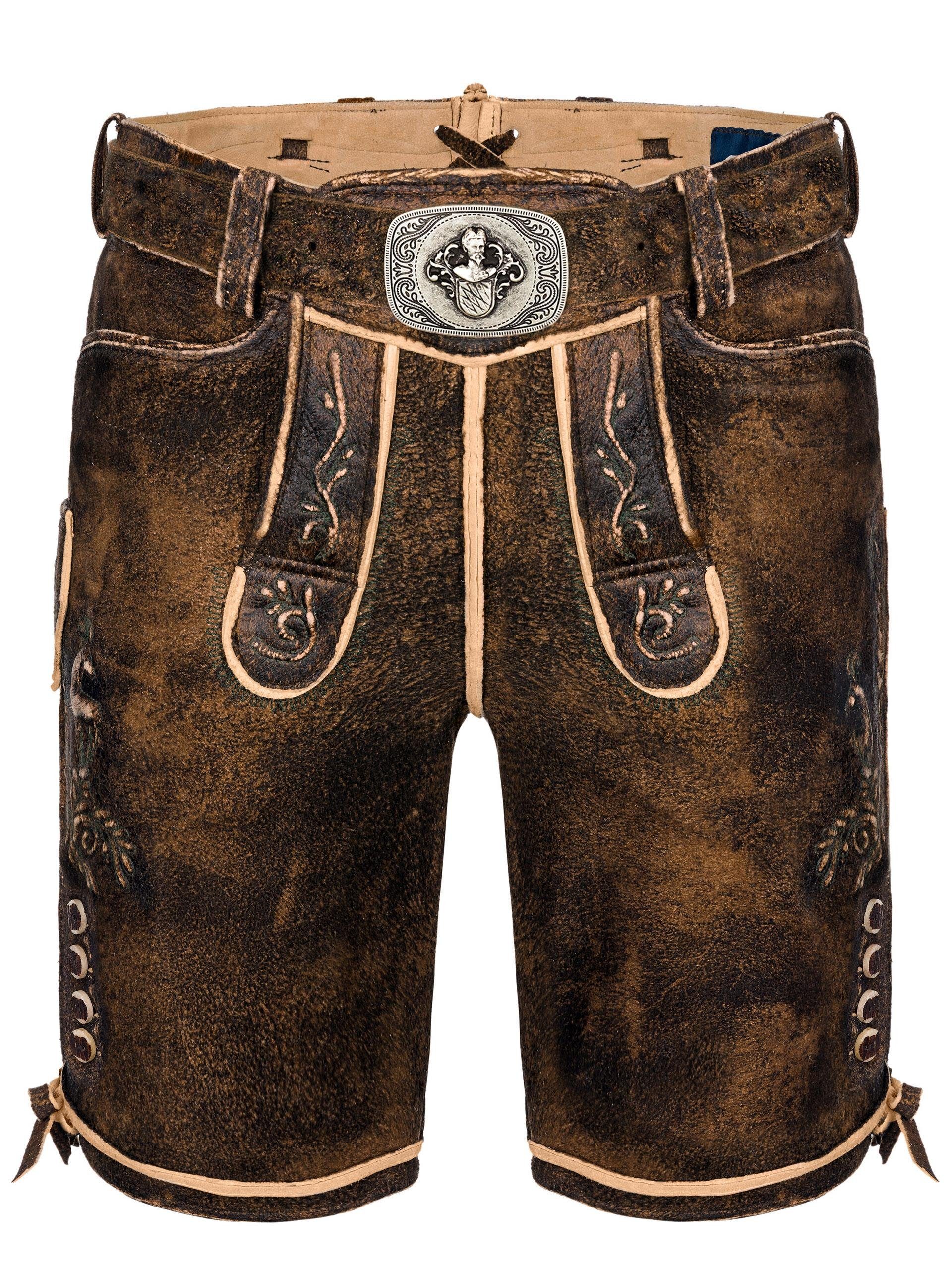 Almbock Trachtenlederhose Trachtenhose Ludwig (2-tlg) König Wildbock dunkelbraun Gürtel mit