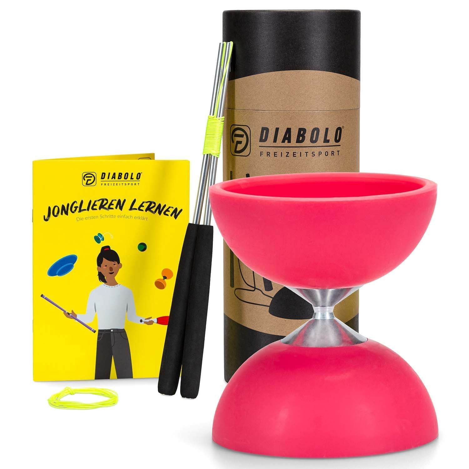 Diabolo Freizeitsport Diabolo Diabolo Jonglierset mit Alusticks und Anleitung, (Zirkus Spielset Pink mit UV Pois und festem Achsen-Diabolo, 10-tlg), Jonglage Starter Kit (pink) mit Glow Pois ab 5 Jahren
