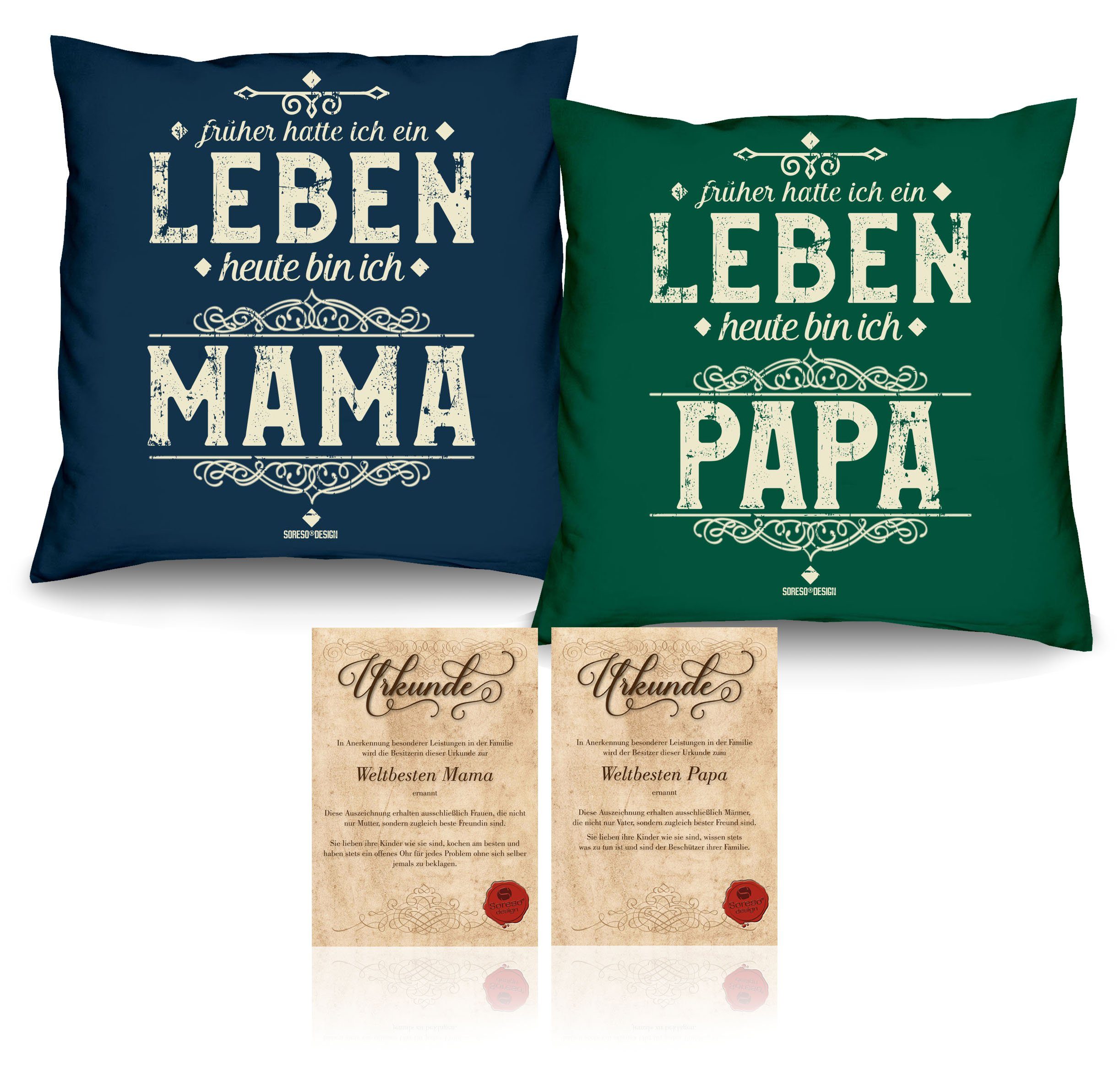 Soreso® Dekokissen Kissen-Set Heute bin ich Mama Heute bin ich Papa mit Urkunden, Geschenk Mama & Papa Geschenke Mitbringsel dunkelgrün