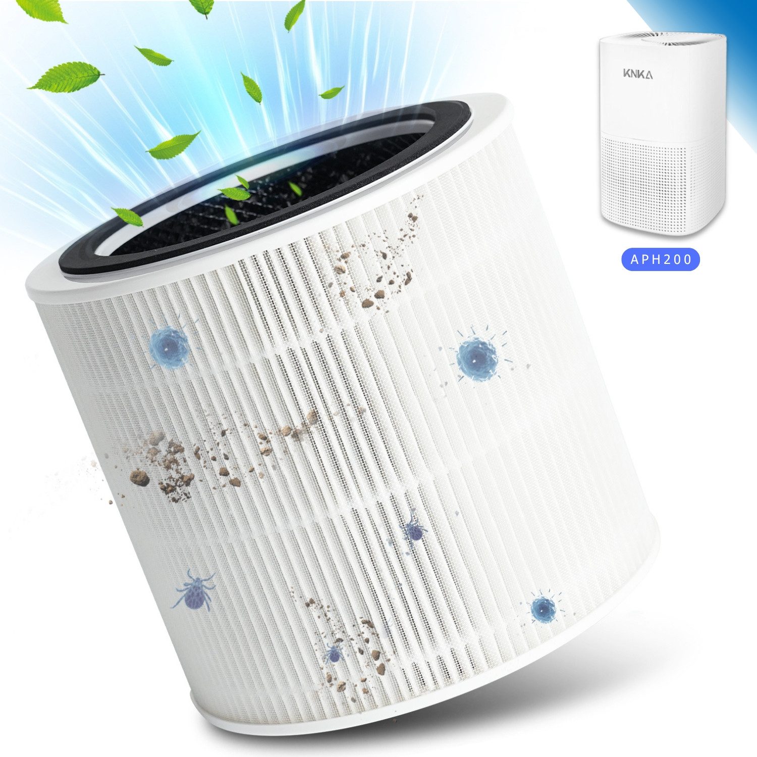 KNKA Luftreiniger APH200 HEPA Ersatzfilter, für 75 m² Räume, 360° H13 HEPA-Filter Fängt effektiv Haare und Staub