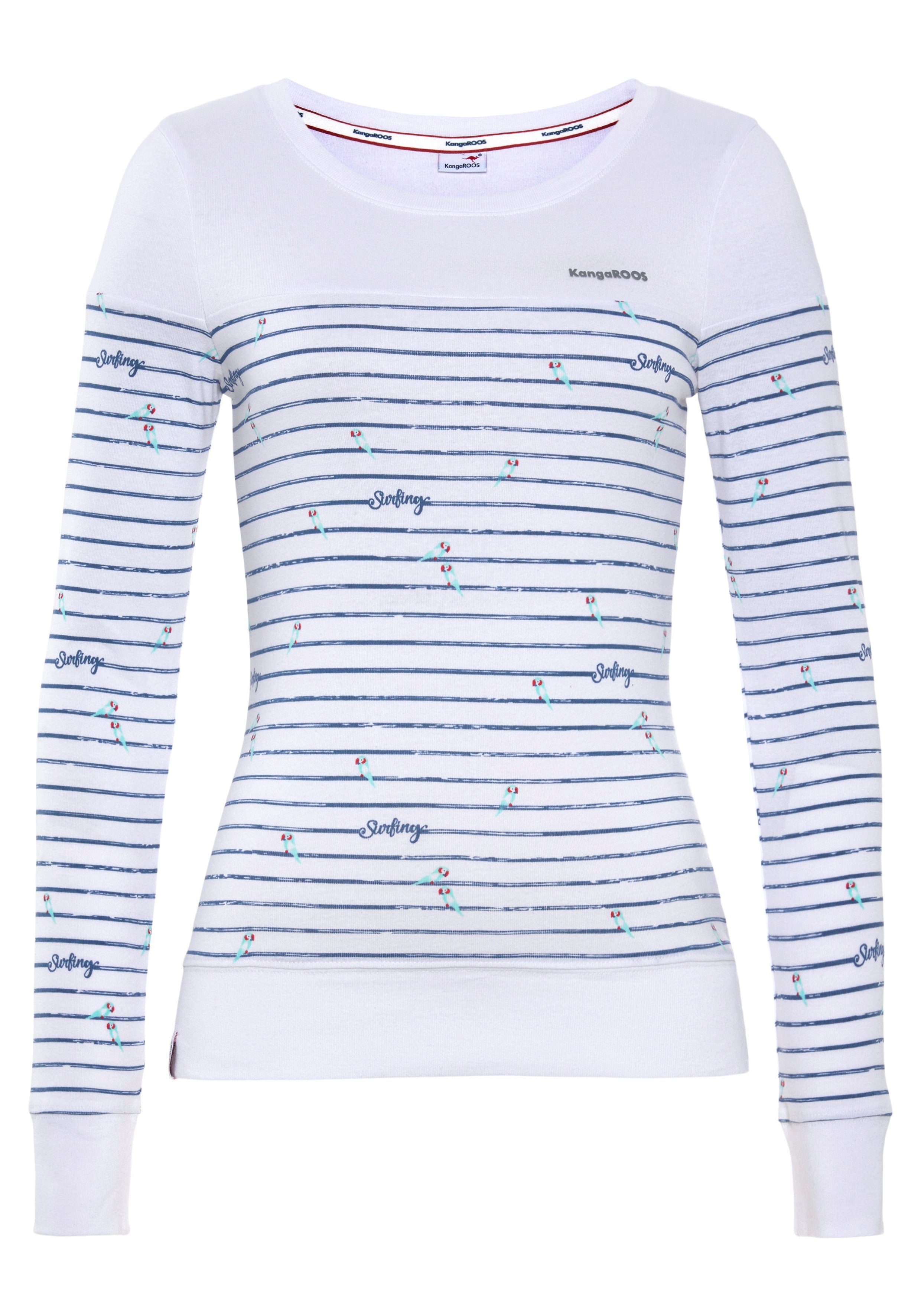 Vögel Langarmshirt - KOLLEKTION minimalistischem NEUE Streifen-Print KangaROOS mit weiß &