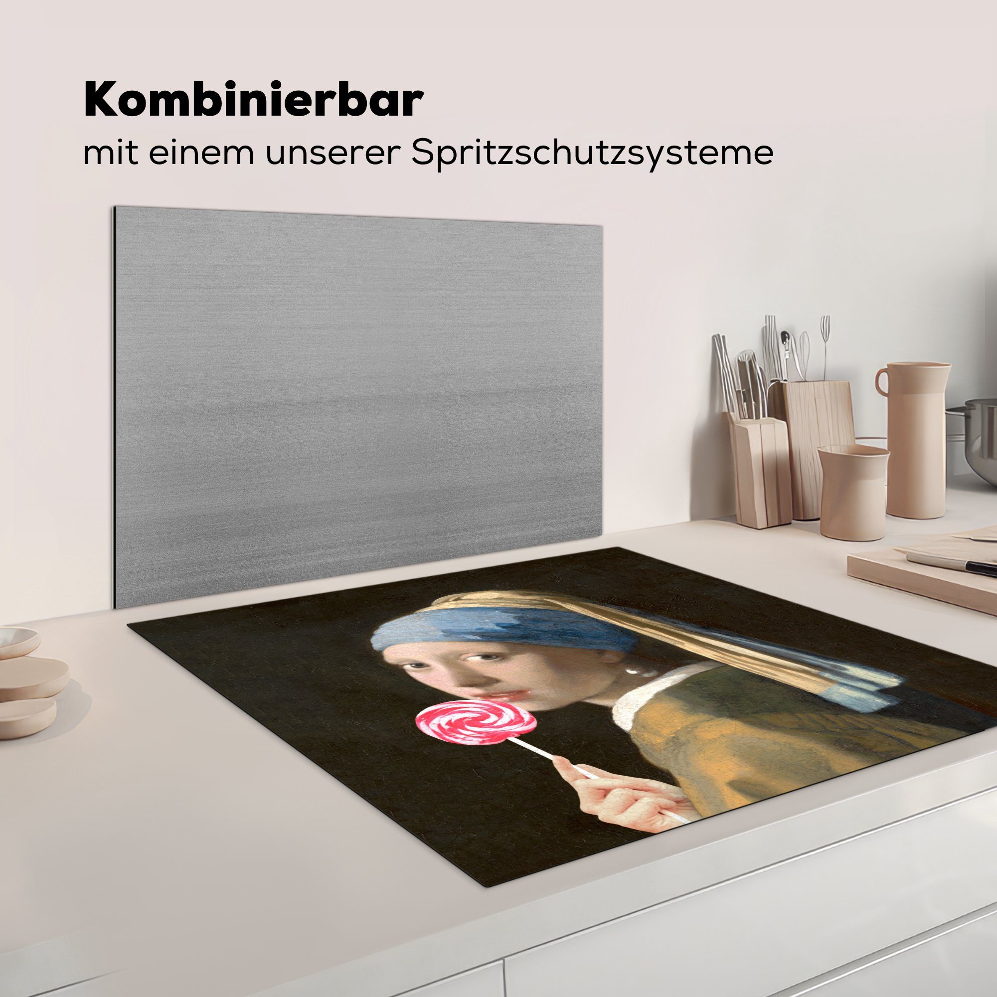 Arbeitsplatte cm, dem - für MuchoWow Süßigkeiten, (1 78x78 tlg), Ceranfeldabdeckung, Das Herdblende-/Abdeckplatte - küche Mädchen Vermeer mit Perlenohrring Vinyl,